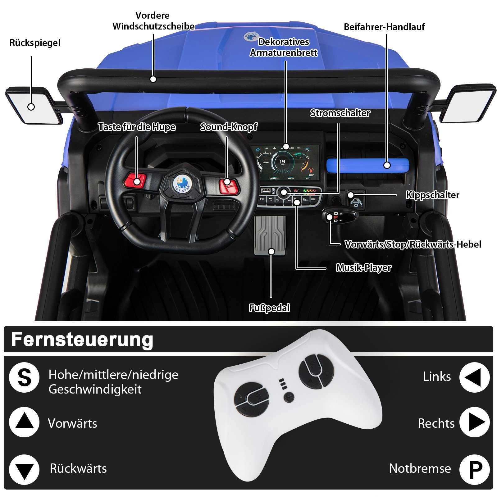 COSTWAY Elektro-Kinderauto 12V Kinderquad, 2 Sitzer Elektroauto, mit Musik, Hupe, 3-8 km/h