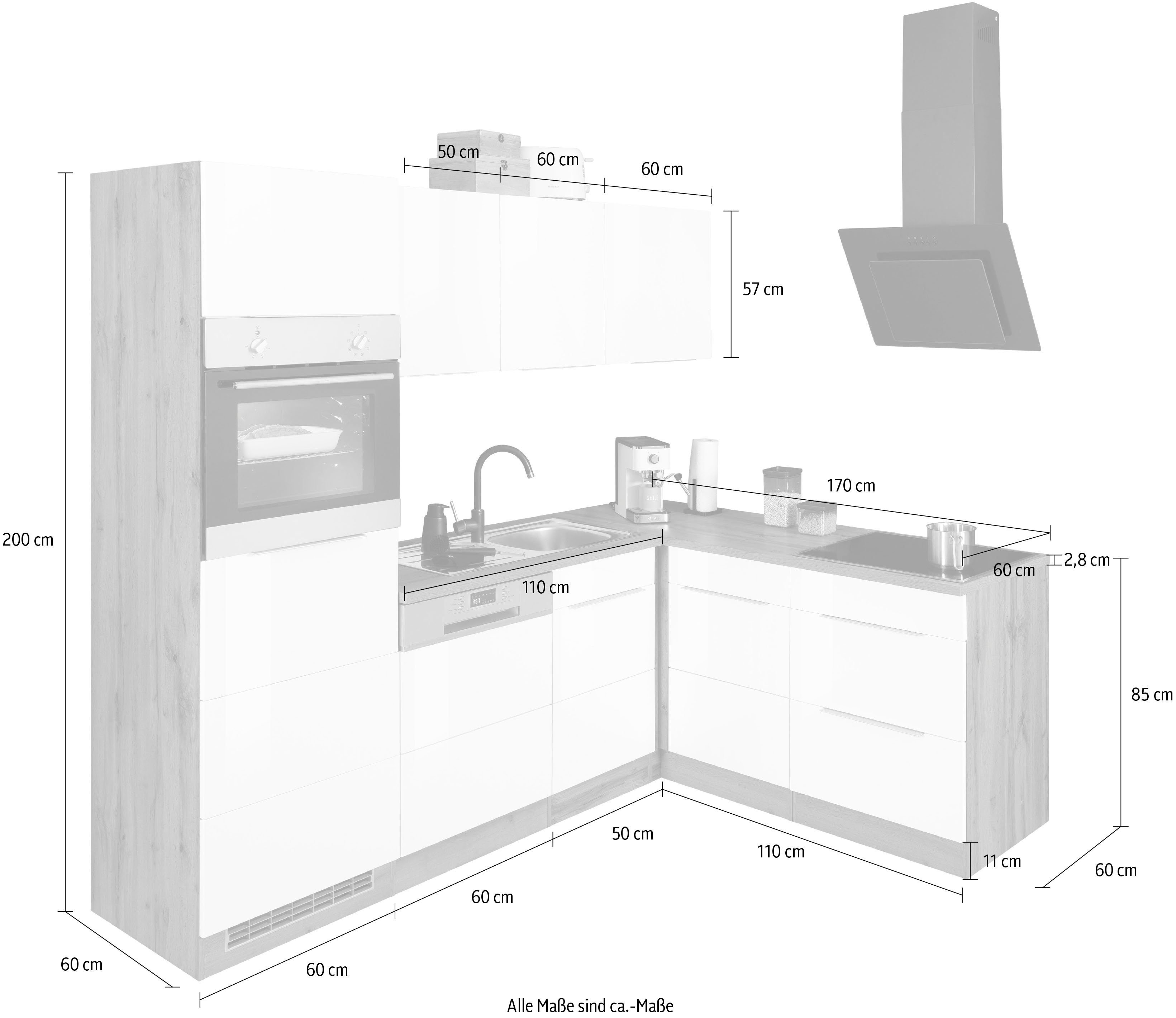 KOCHSTATION Winkelküche KS-Brindisi Stellbreite 230/170 cm, wahlweise mit E-Geräten und Induktion, mit MDF-Fronten