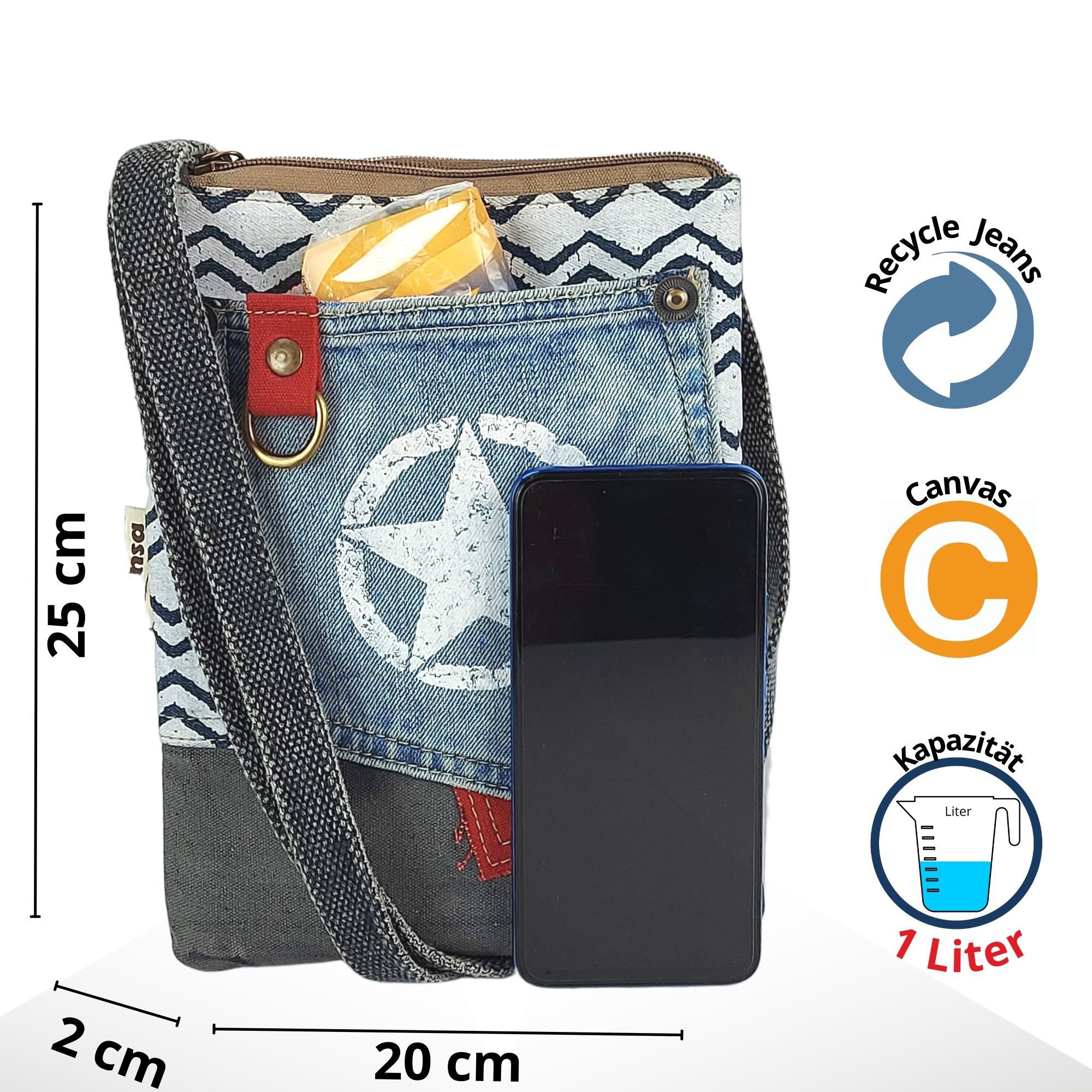Sunsa Umhängetasche Nachhaltige Canvas Umhängetasche. Recycelte Jeans Crossbody Bag, Vegan