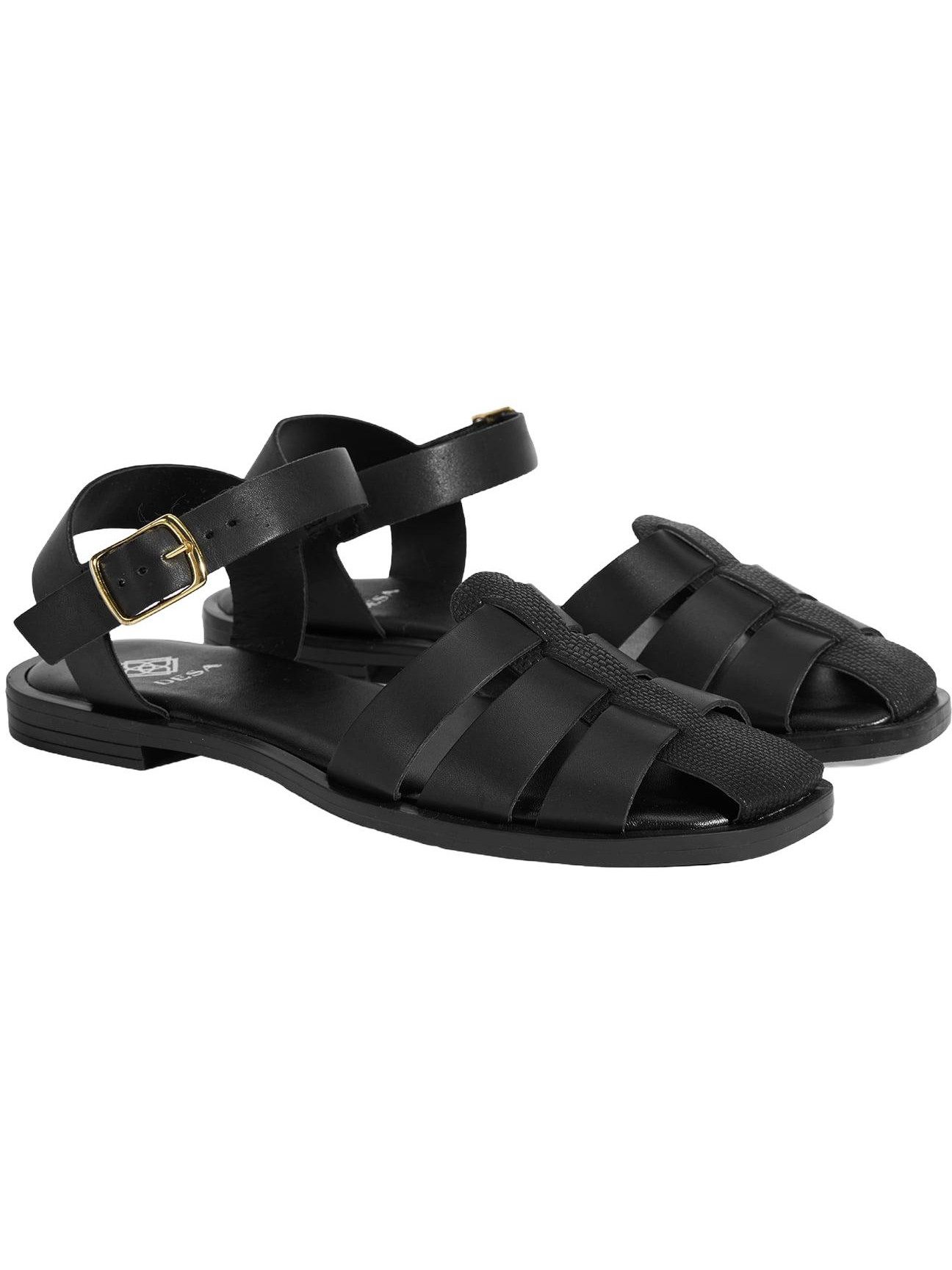 Desa Damen-Ledersandalen – Flacher Absatz, Schnallenverschluss Slipper