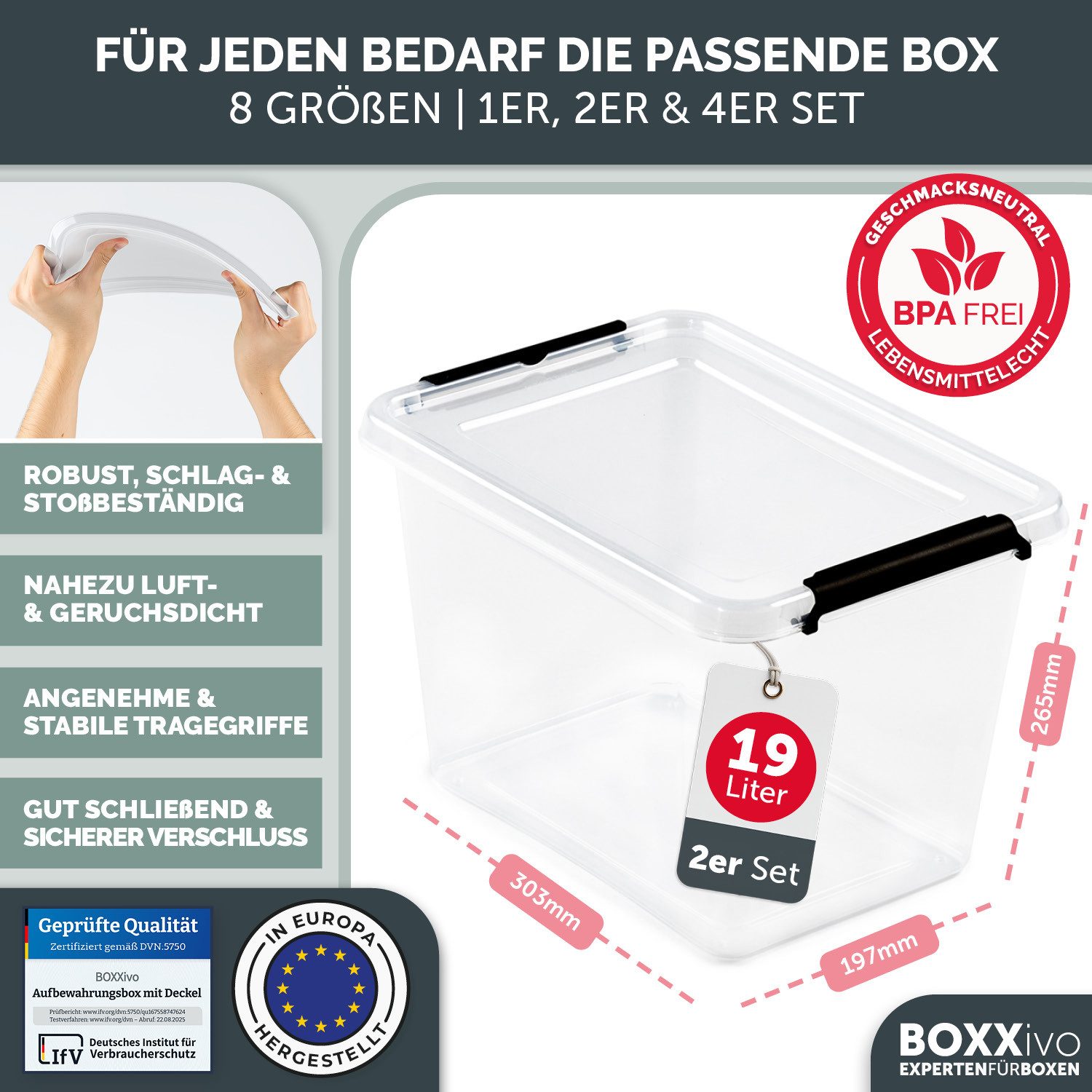 BOXXivo Aufbewahrungsbox Aufbewahrungsboxen mit Deckel BPA-freie & lebensmittelechte Boxen (2 St), Plastikbox mit Deckel - robuste & stapelbare Aufbewahrungsboxen