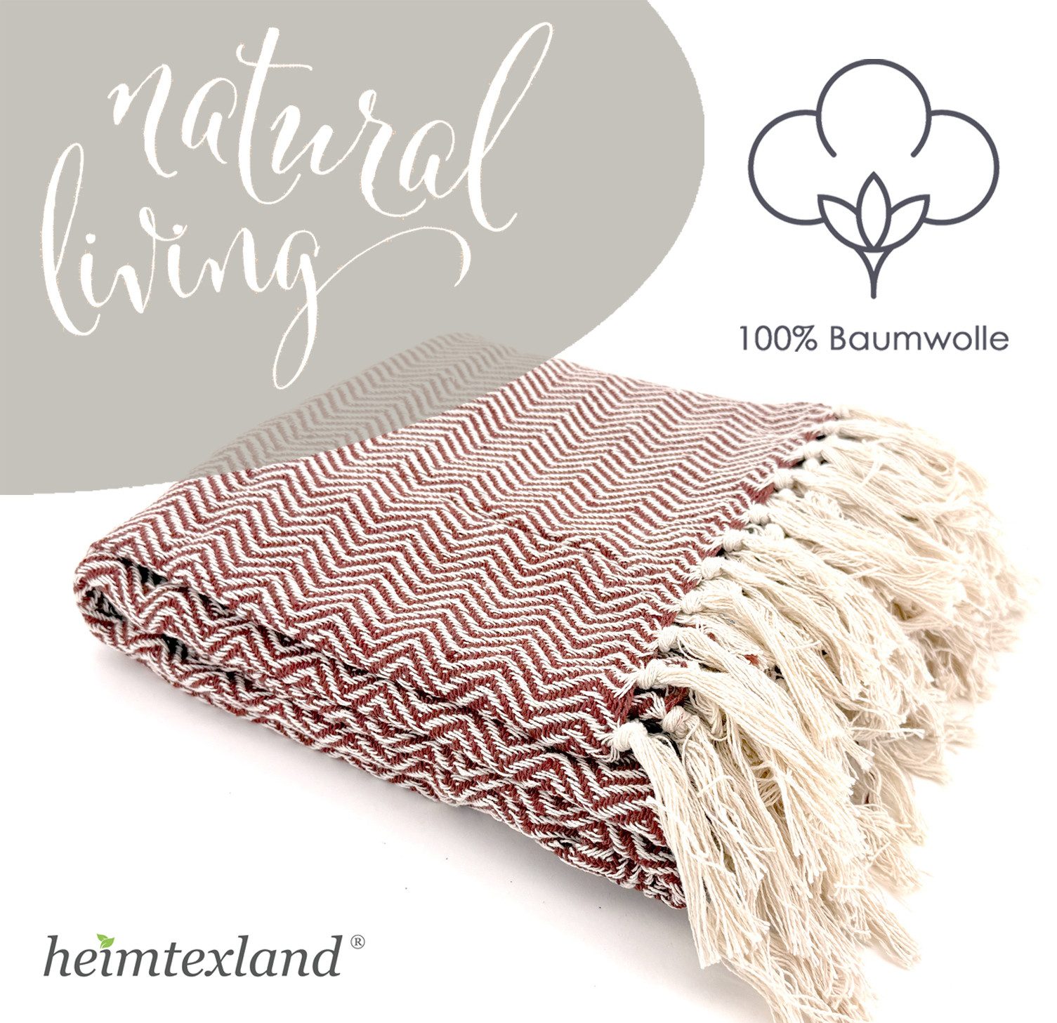 Wohndecke Strick Kuscheldecke Wolldecke Sofadecke 180x130 cm, heimtexland, Fransen Strickdecke Boho I 100% BW I weich, warm, natürlich