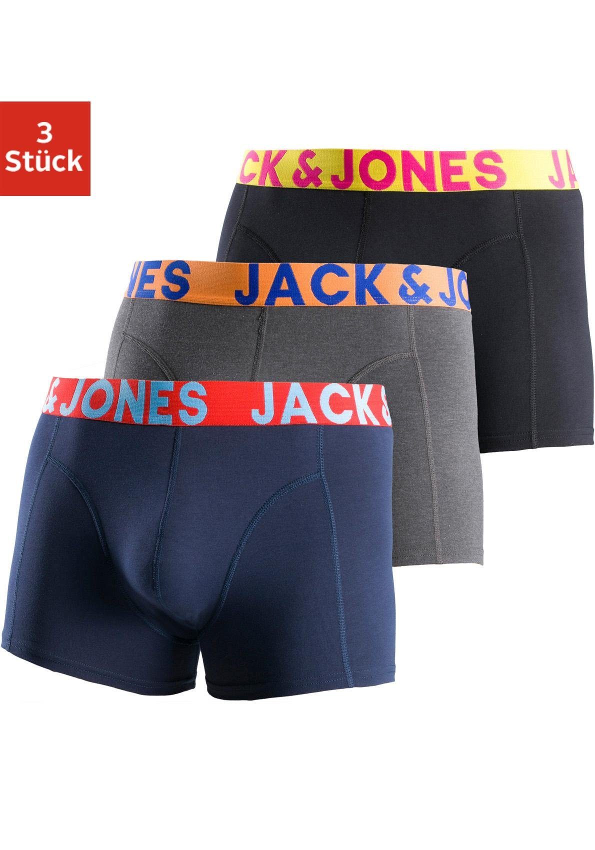 Jack & Jones Boxer JACCRAZY im Dreierpack mit kontrastfarbenem Bund und Stretchkomfort (Packung, 3-St) unifarben mit Farbeinsatz, modisch, eng anliegend, Baumwollmischung