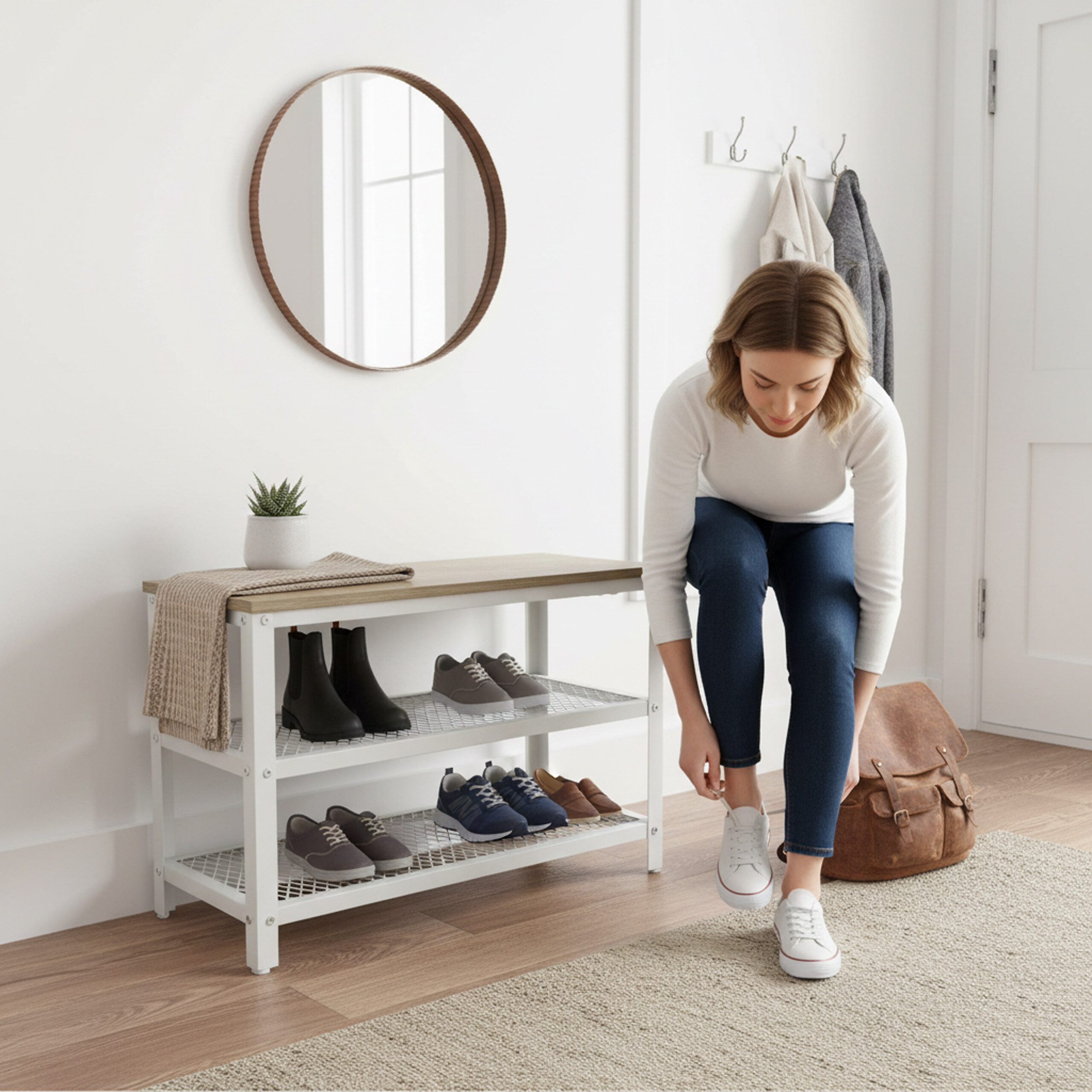 relaxdays Schuhregal Schuhbank mit 2 Schuhablagen, Weiß-Grau, XL