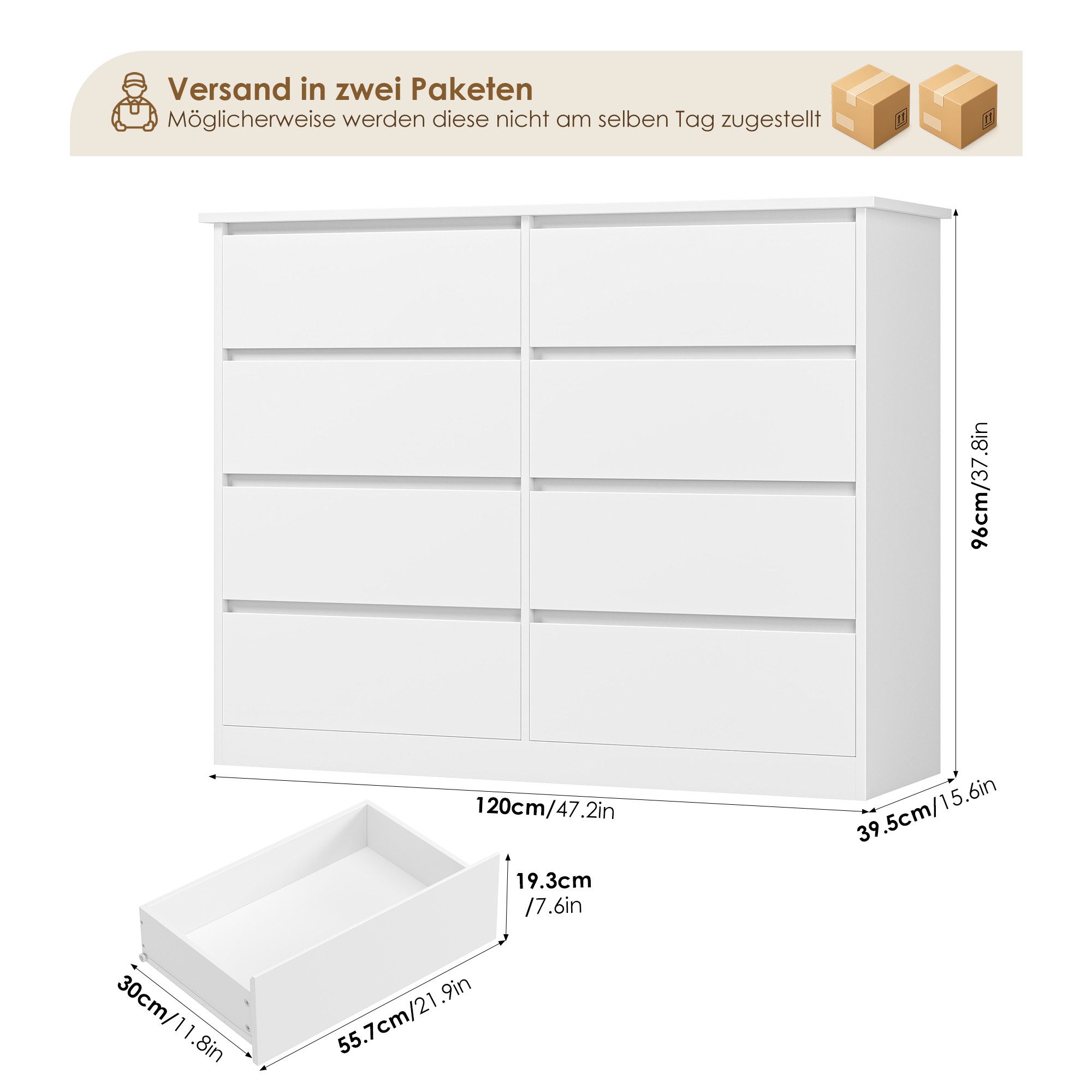 Homfa Kommode Sideboard Komodenschrank Schubladenkommode, mit 8 Schubladen, Breite 120cm Höhe 96cm