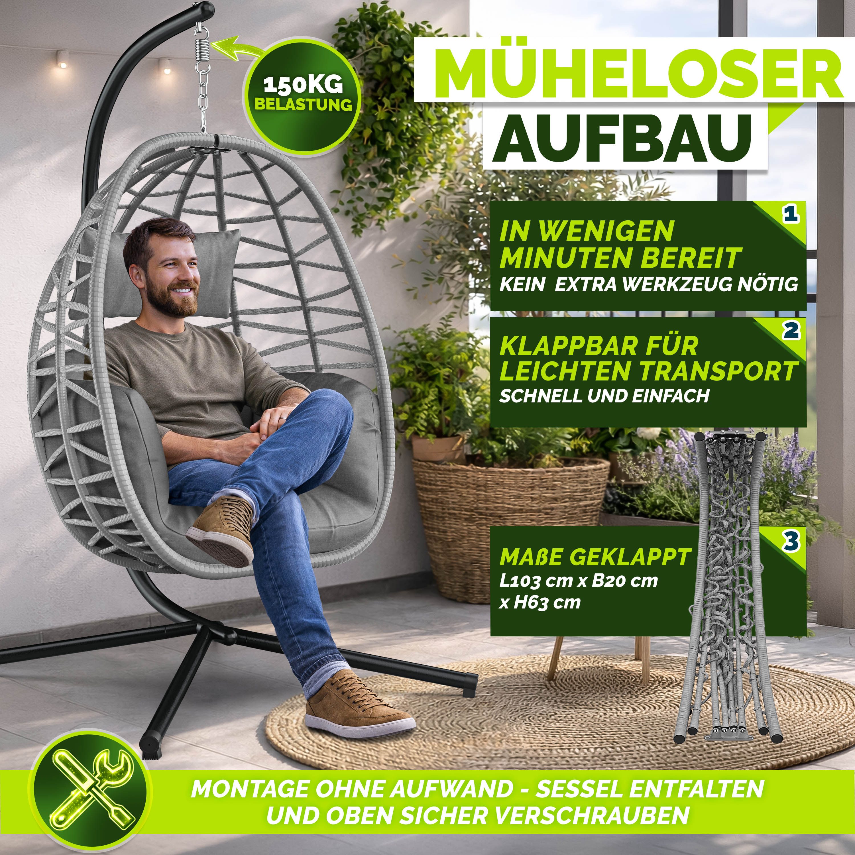 tillvex Hängesessel tillvex® Swivo Hängesessel mit Gestell inkl. wetterfester Abdeckung (Hängekorb klappbar bis 150 kg, Hängesitz aus Rattan, Hängestuhl für Ind – Bild 4 von 5