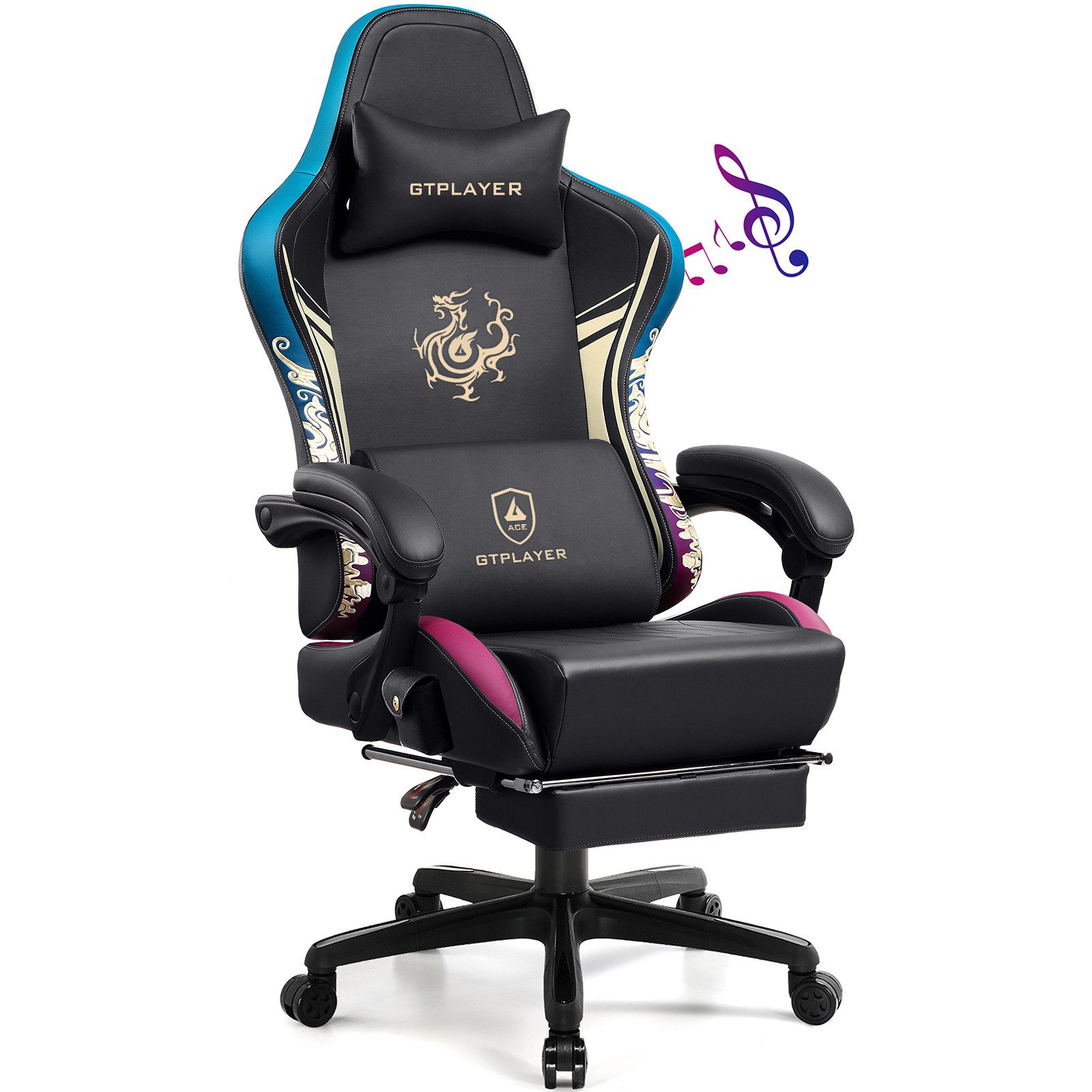 GTPLAYER Gaming-Stuhl Gamer Stuhl mit Bluetooth-Lautsprechern und Fußstütze, Dragon Series, Bürostuhl, Ergonomischer Gaming-Stuhl, Drehsessel, Computerstuhl