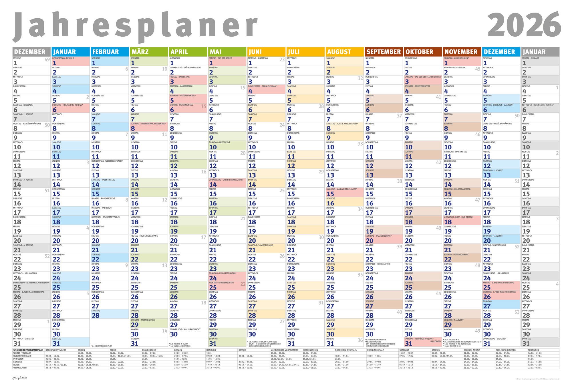 Poster Jahresplaner 2026 gefaltet - Wandplaner Kalender Poster Druck - Größ günstig online kaufen
