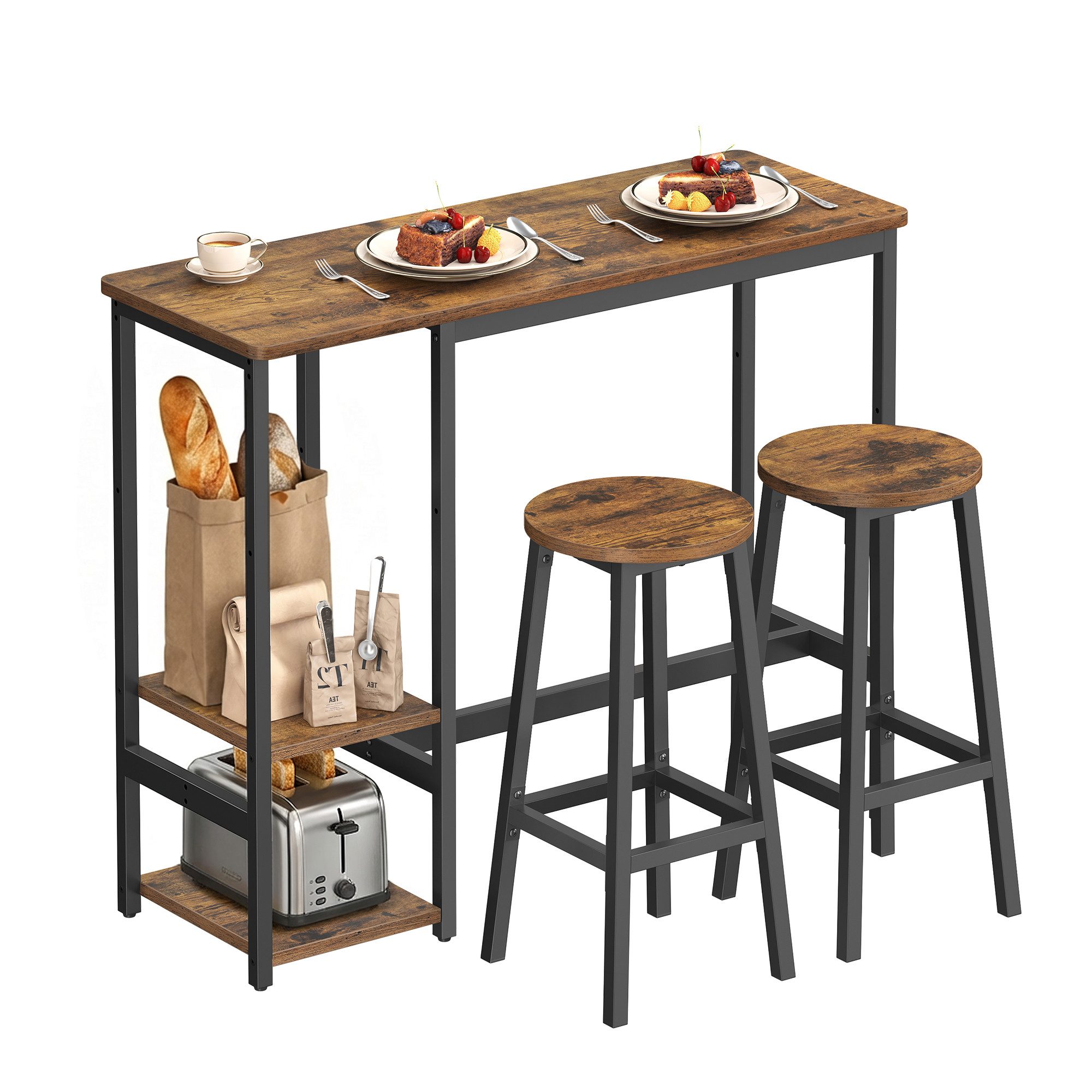 VASAGLE Bartisch Bartisch-Set, Bartisch-Set mit Regal, Essgruppe mit 2 Hockern, Metallgestell