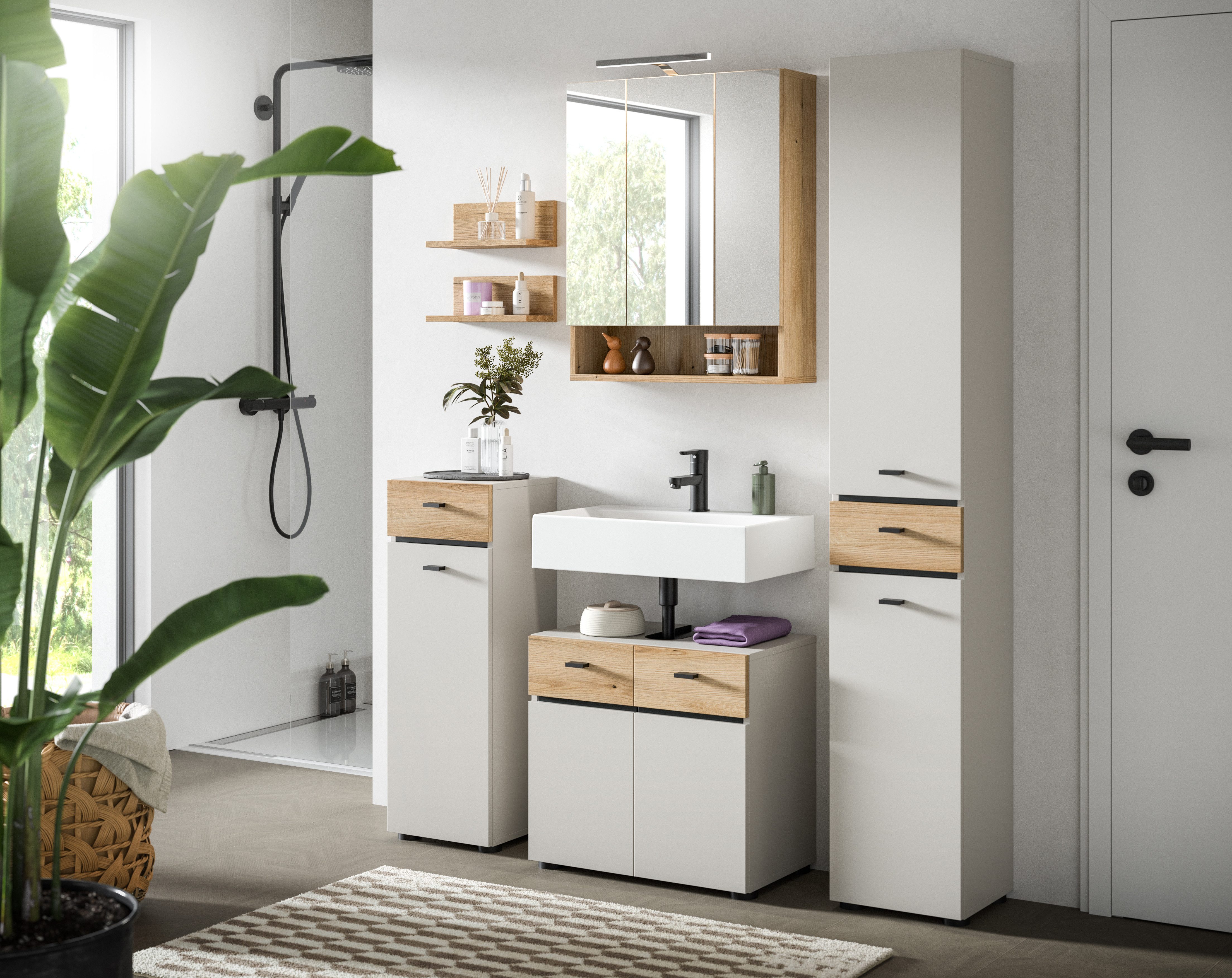 welltime Badmöbel-Set VANN, 6-teilige moderne Badkombination, inkl. Beleuchtung, (6-St., Midischrank, 2er Set Wandregal, WBU, Spiegelschrank, Hochschrank), Bad-Kombination, Bad-Möbel, Badezimmer, Kombination, Kombi, Bad-Set