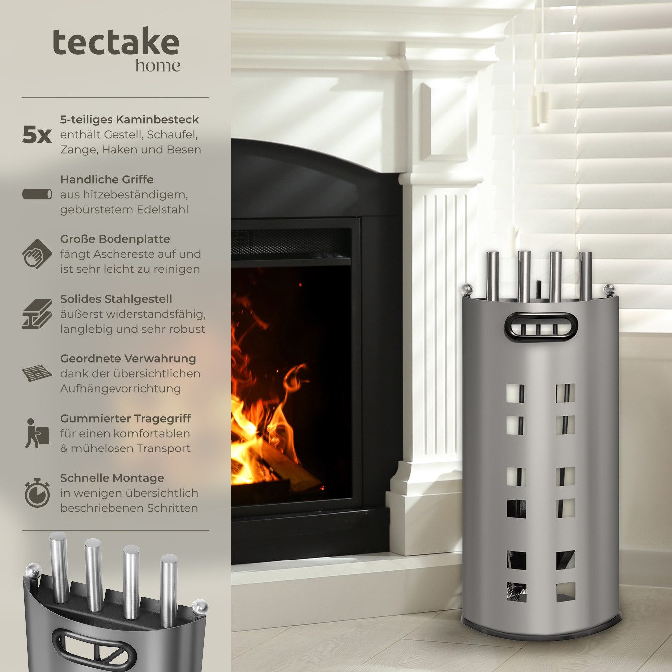 tectake Grillbesteck-Set 5-tlg. Kaminwerkzeug-Set 23 x 14,5 x 58 cm, inkl. Sichtschutz, (Ofenbesteck-Set, 5 tlg., in grau), Schürhaken/Zange/Besen/Schaufel/Halt – Bild 2 von 5