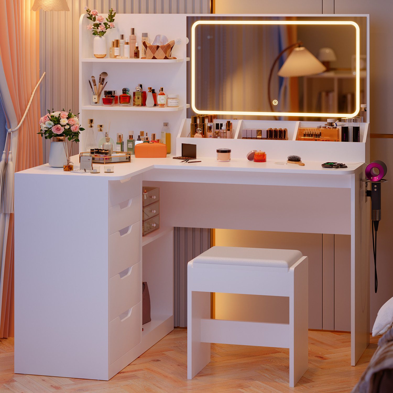 Furnicopia Schminktisch LED-Schminktisch mit großer Ablagefläche und Hocker günstig online kaufen