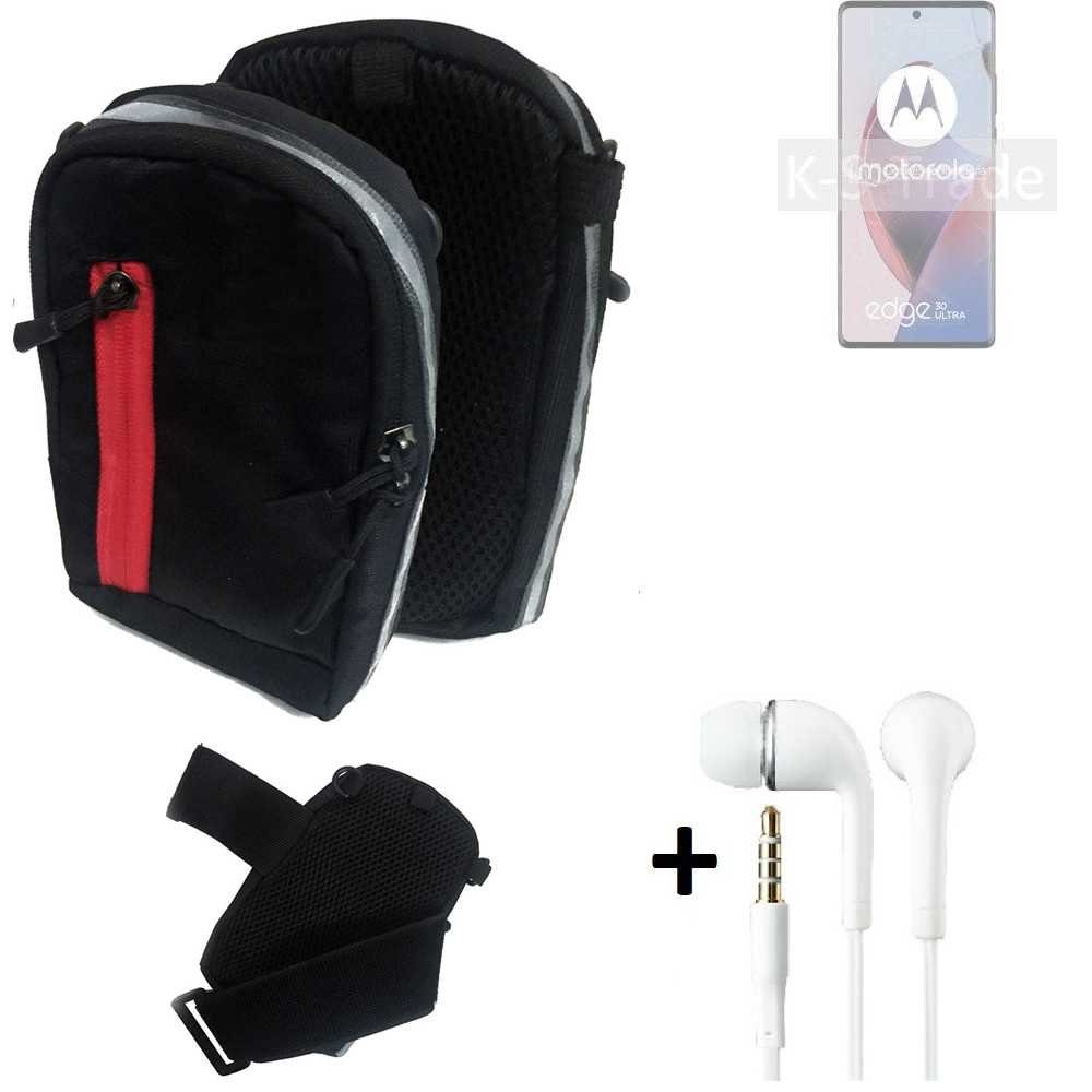 K-S-Trade Handyhülle für Motorola Edge 30 Ultra, Outdoor Gürteltasche Holster Umhängetasche + Kopfhörer schwarz