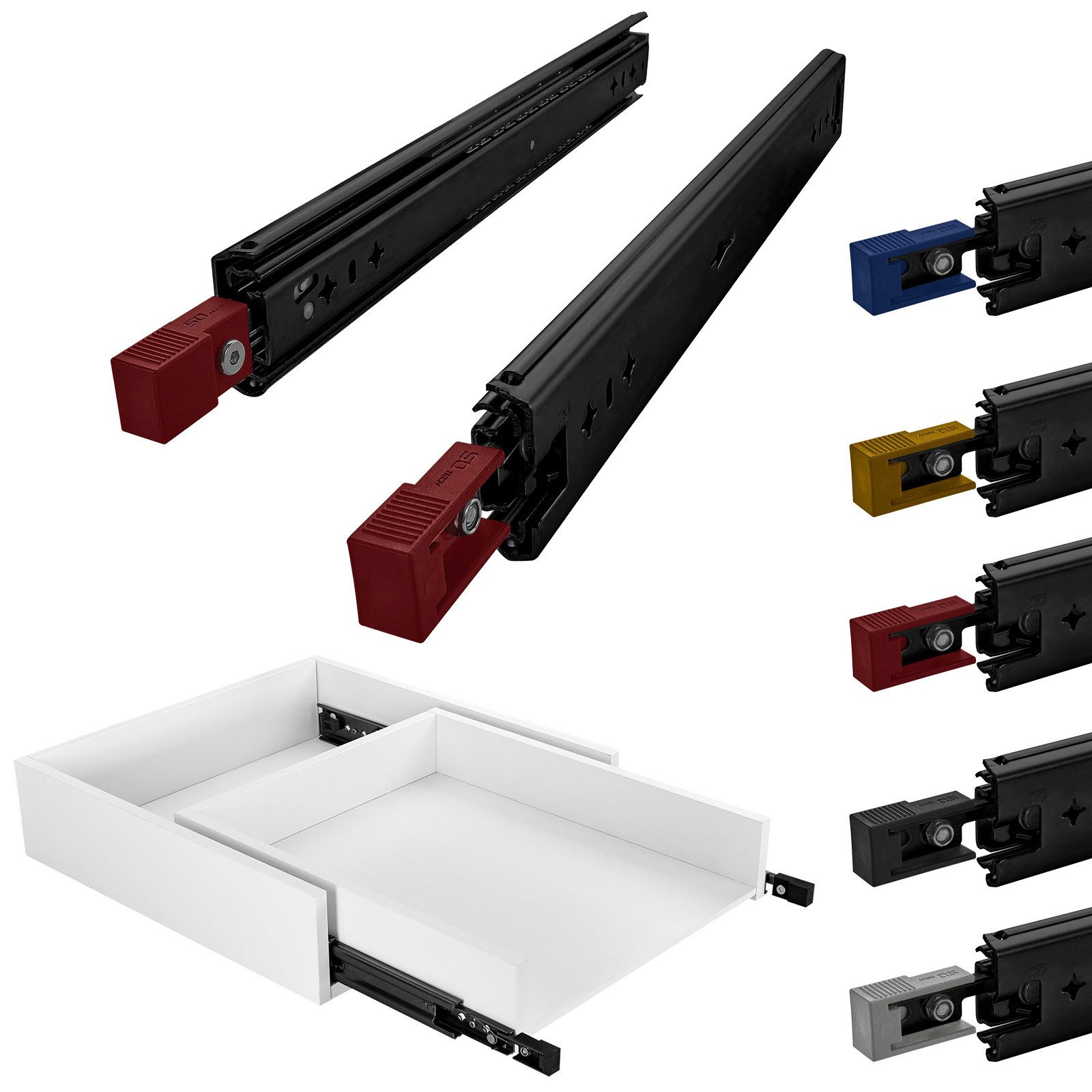 SO-TECH® Auszug Schwerlastauszug VarioSlide 120 Kg mit Lock in/out schwarz, KV1-120-H58-L1100-EH 1100 mm (nicht trennbar) Hebel rot