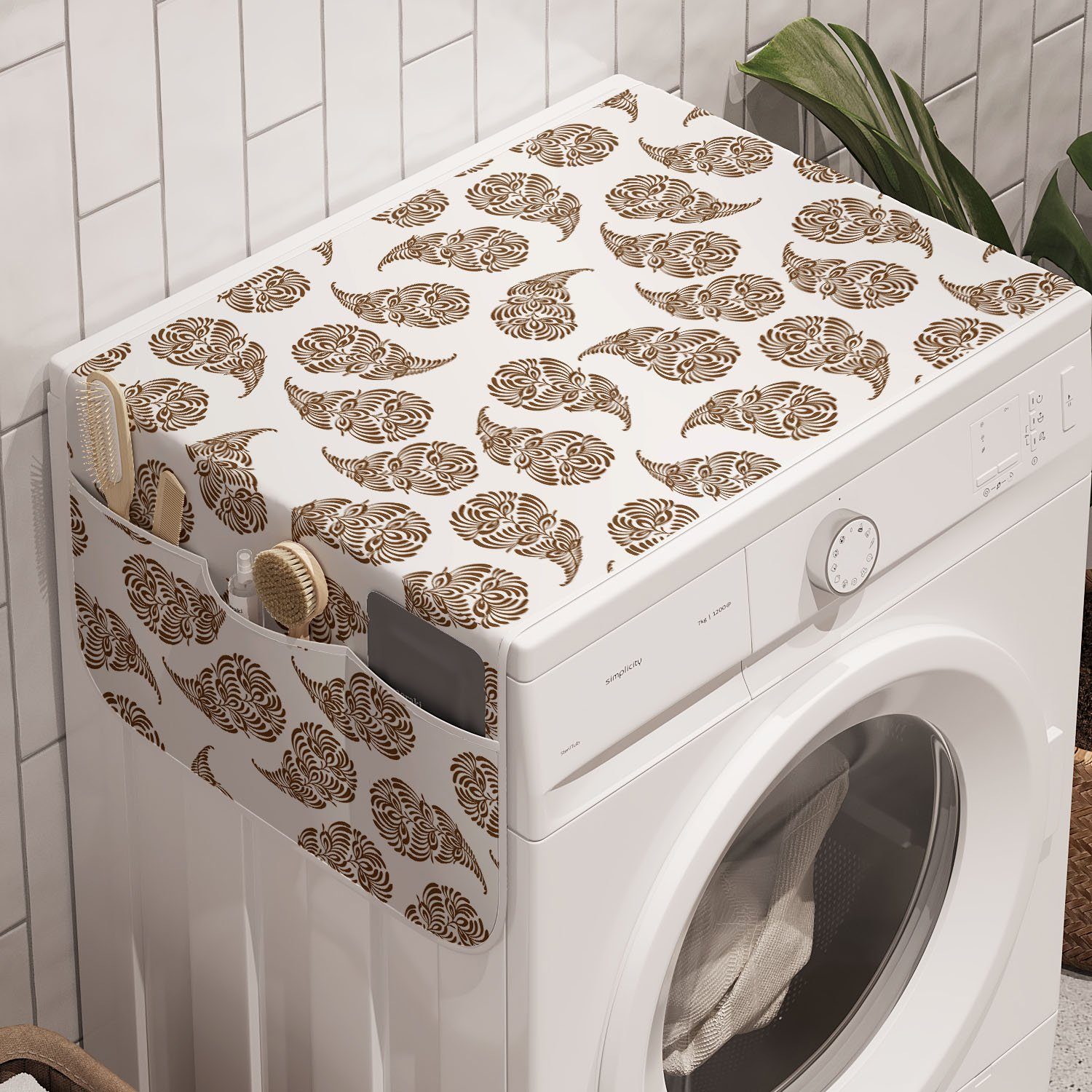 Abakuhaus Badorganizer Anti-Rutsch-Stoffabdeckung für Waschmaschine und Trockner, Brown Paisley Komplizierte Blätter- Kunst