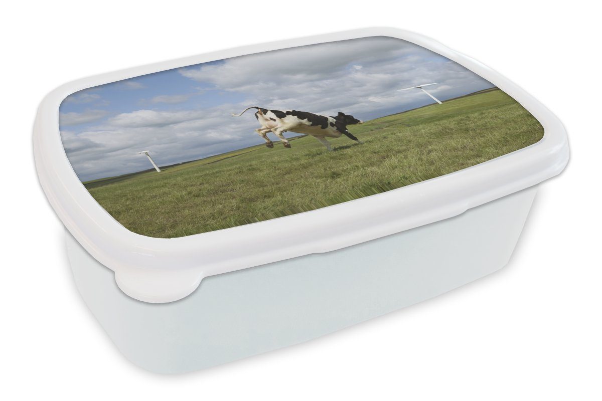 MuchoWow Lunchbox Kuh - Windmühle - Wolken, Kunststoff, (2-tlg), Brotbox für Kinder und Erwachsene, Brotdose, für Jungs und Mädchen weiß