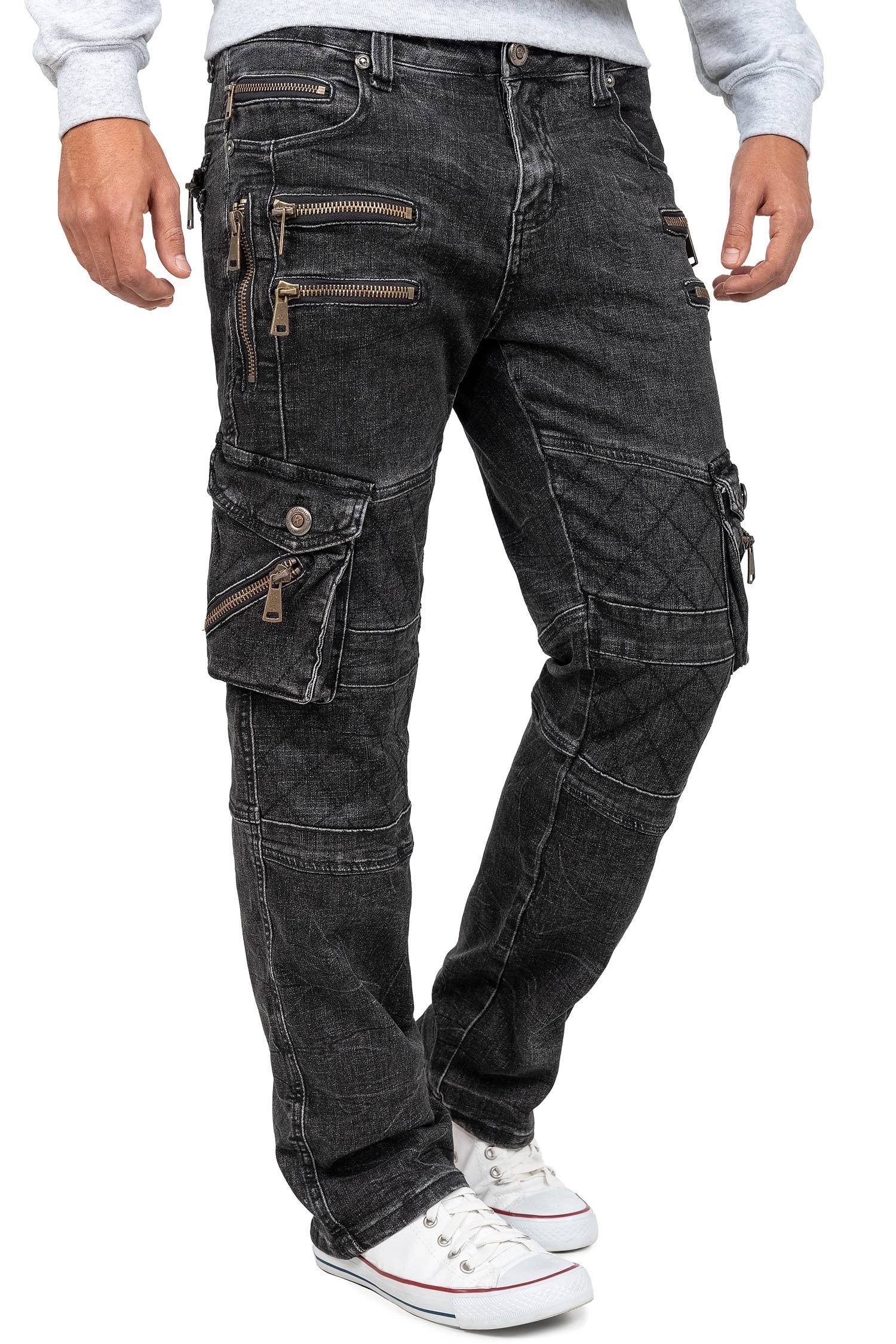 Verzierungen 5-Pocket-Jeans Hose schwarz Herren Lupo Auffällige mit Kosmo und BA-KM060 Nieten