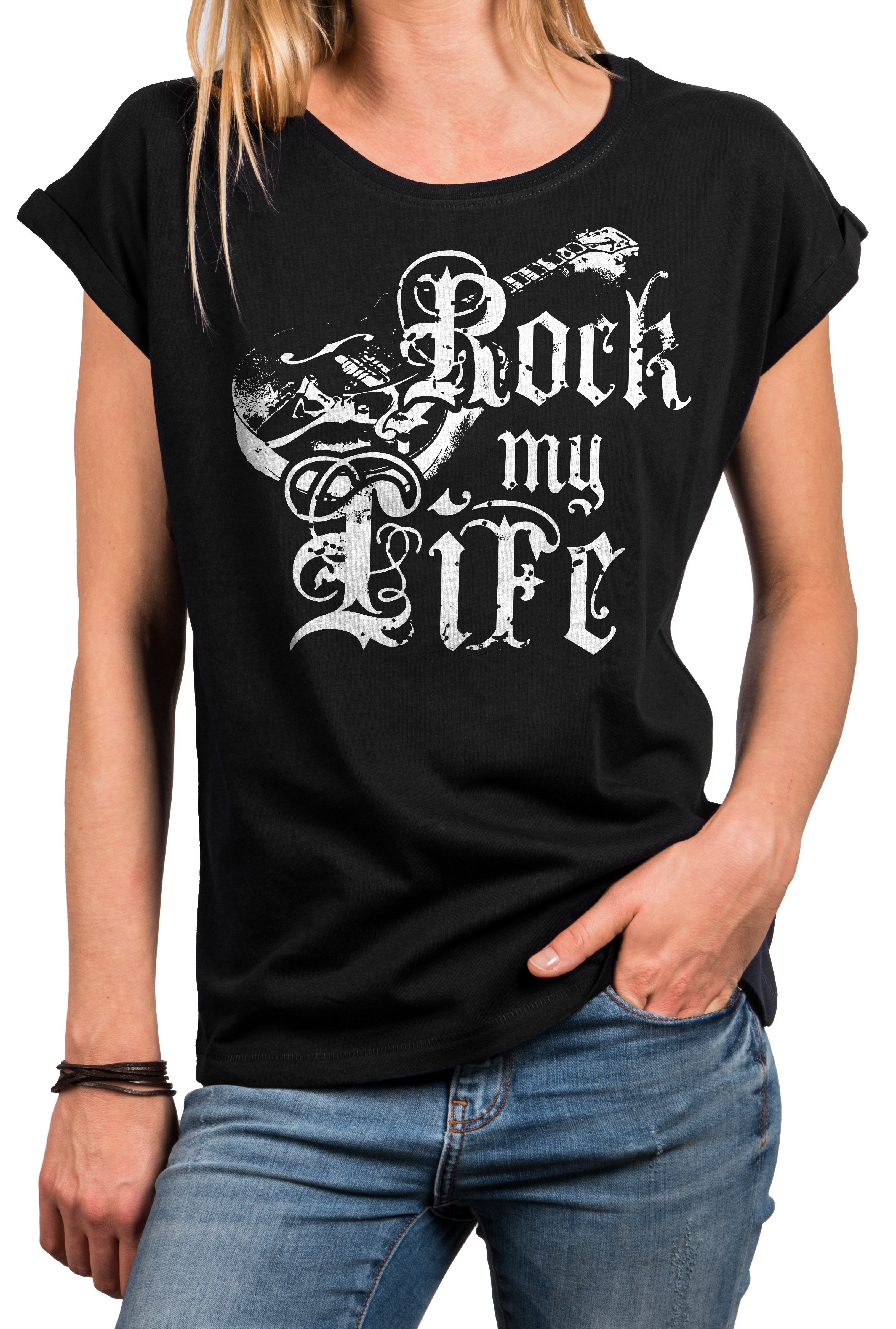 (Rock lässige Baumwolle, große Tunika Top blau) Ausgefallene schwarz, Oberteile Größen rosa, Damen Print-Shirt grau, Motiv, T-Shirts Band Gitarrenmotiv MAKAYA