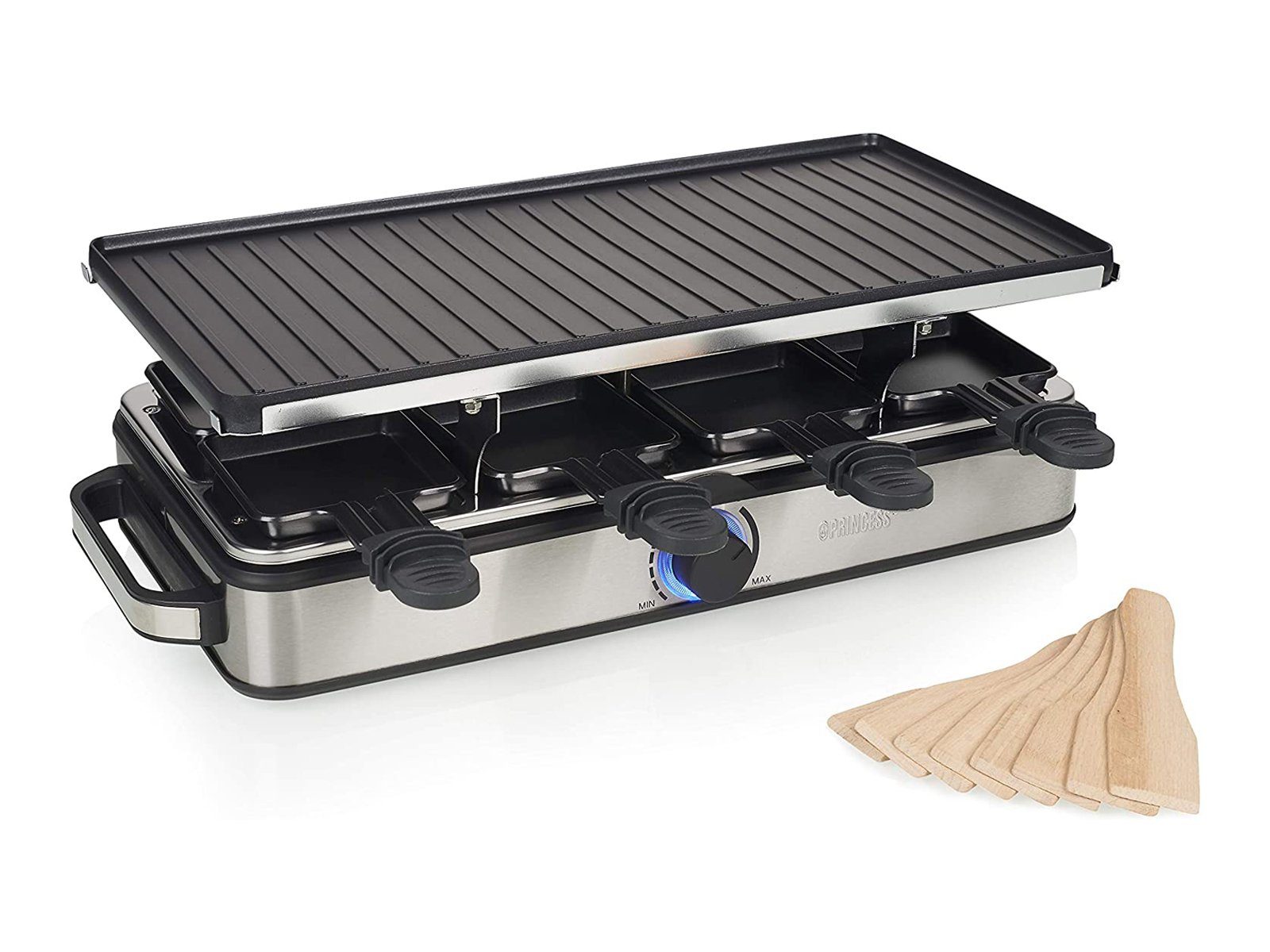 PRINCESS Raclette, 8 Raclettepfännchen, Gerät für 2-8 Personen Tischgrill Grillplatte wendbar Camping geeignet