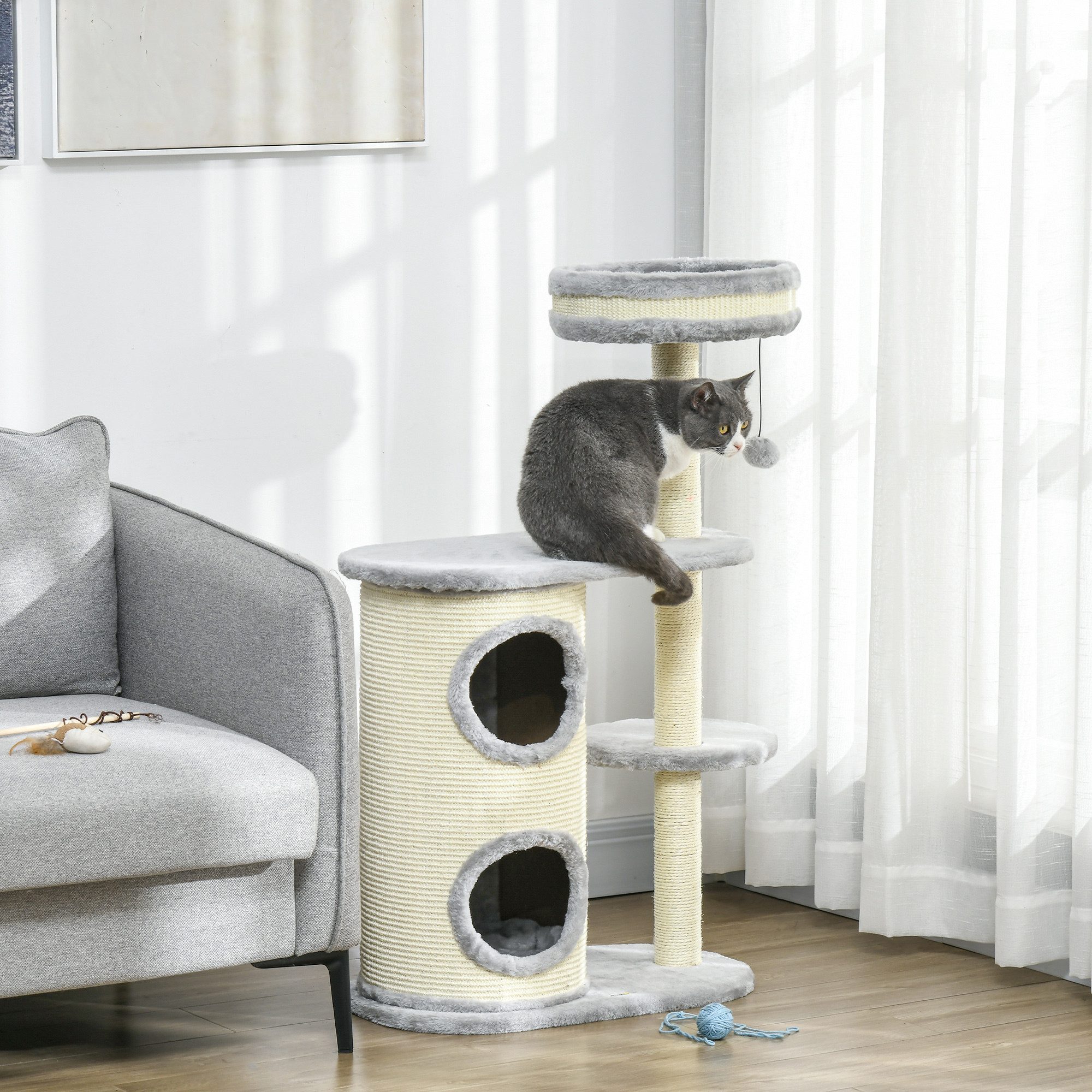 PawHut Kratzbaum Katzenturm mit Kratztonne, Spielball, Katzenkratzbaum, für Katzen bis 5 kg, Plüsch, Grau