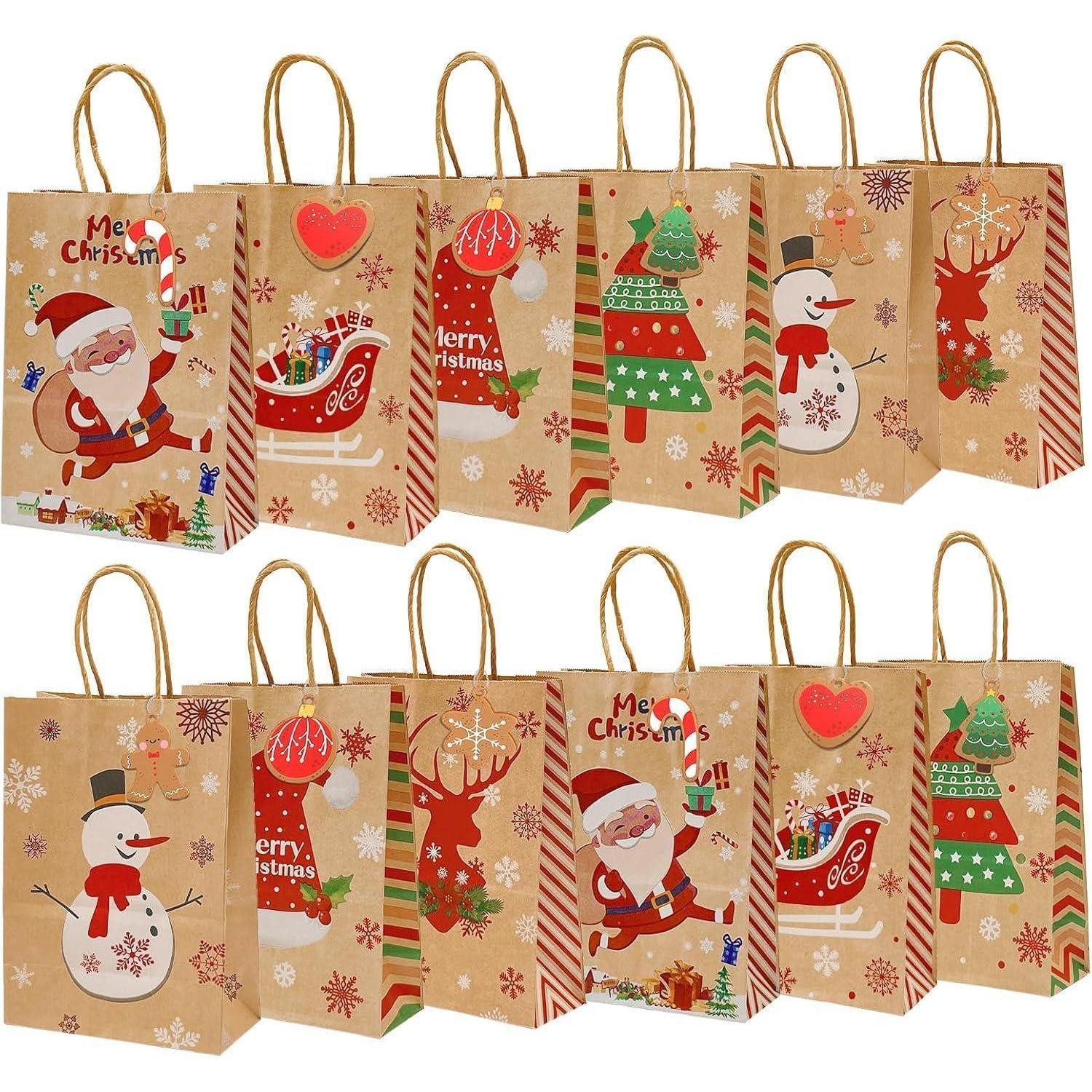 LuxusKollektion Geschenktüten Geschenktüten Kraftpapier Henkel 12er 150x80x210mm Weihnachten, (12St)