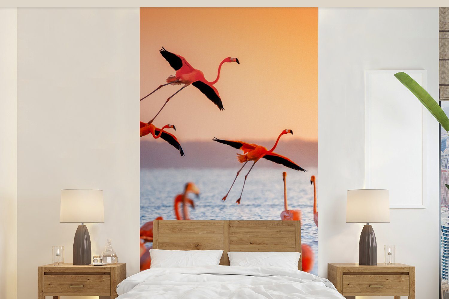 MuchoWow Fototapete Vogel - Flamingo - Wasser - Sonnenuntergang - Rosa, Matt, bedruckt, (2 St), Vliestapete für Wohnzimmer Schlafzimmer Küche, Fototapete