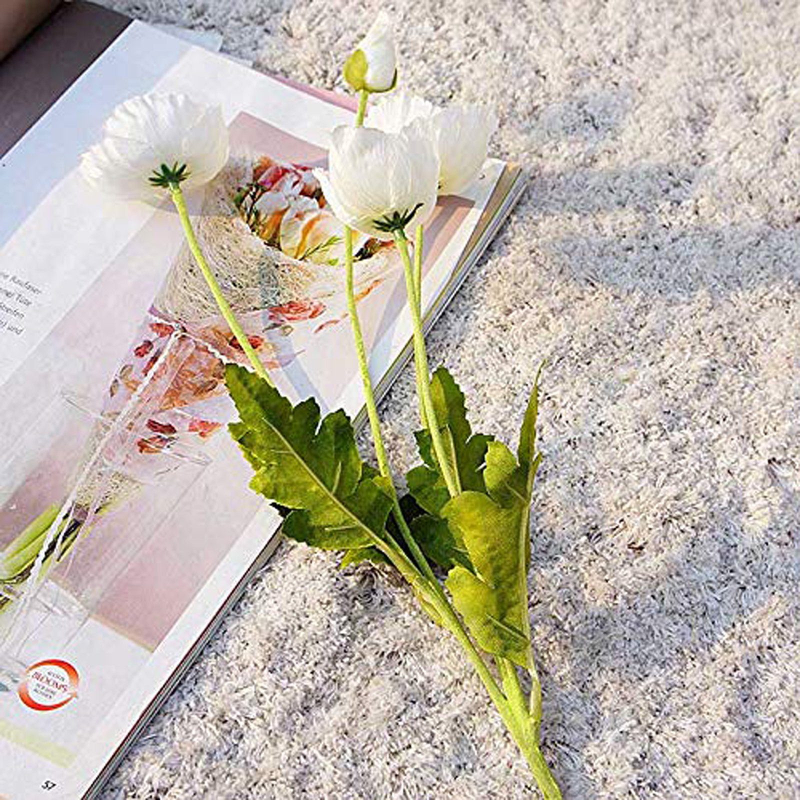 SEEZSSA, 4 Pflanzen Haus Blütenköpfen Weiß Beflockung Künstlicher Mohnblumen-Zweigmit Blumenschmuck,60cm Kunststoff, Für Kunstzweig MohnSeidenblumen künstliche lang