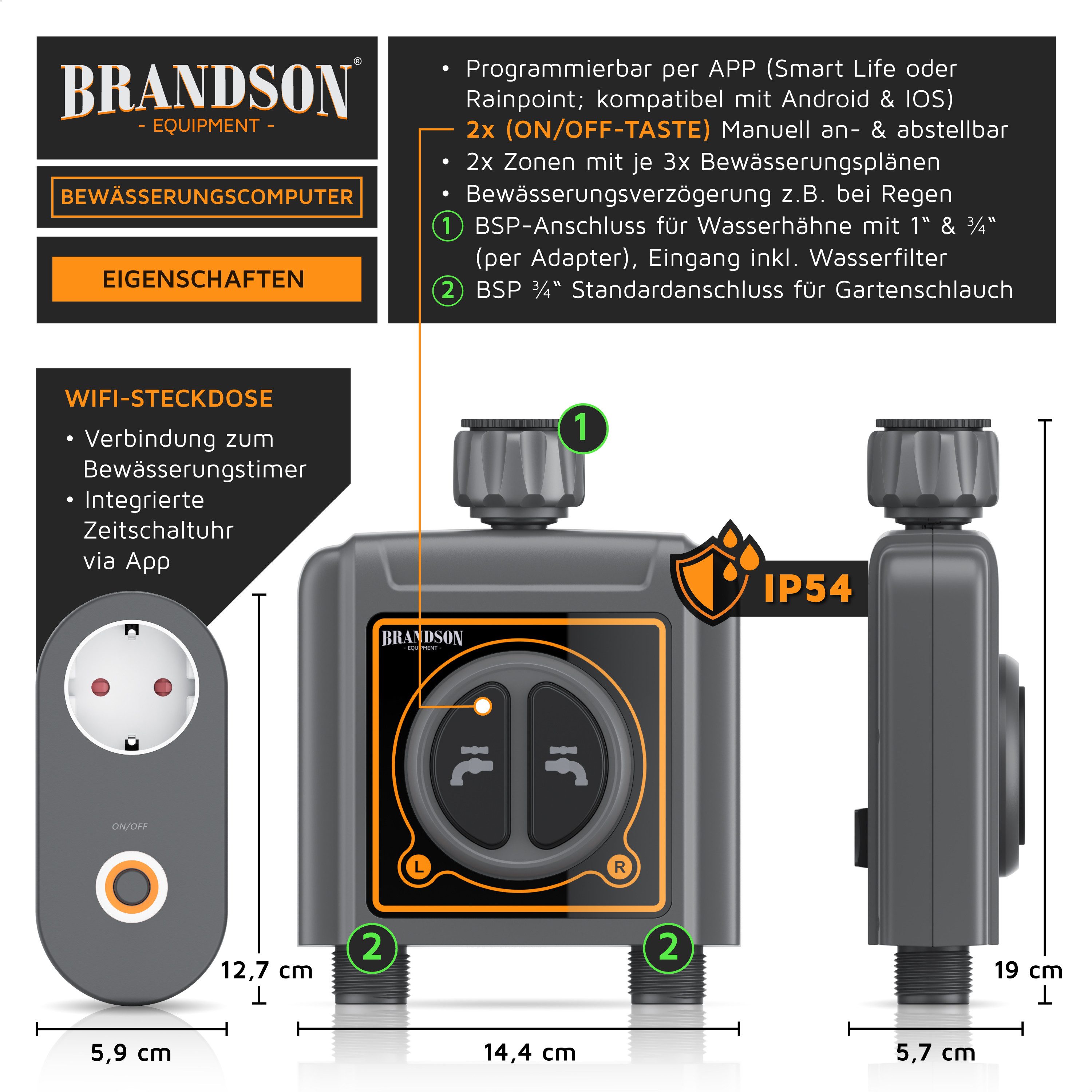 Brandson Bewässerungssteuerung WiFi Bewässerungsuhr, Bewässerungssystem, automatische Bewässerung, (4-tlg., 2-Zonen Wasserzeitschaltuhr), Bewässerungscomputer mit WLAN Verbindungssteckdose, Bewässerungssystem