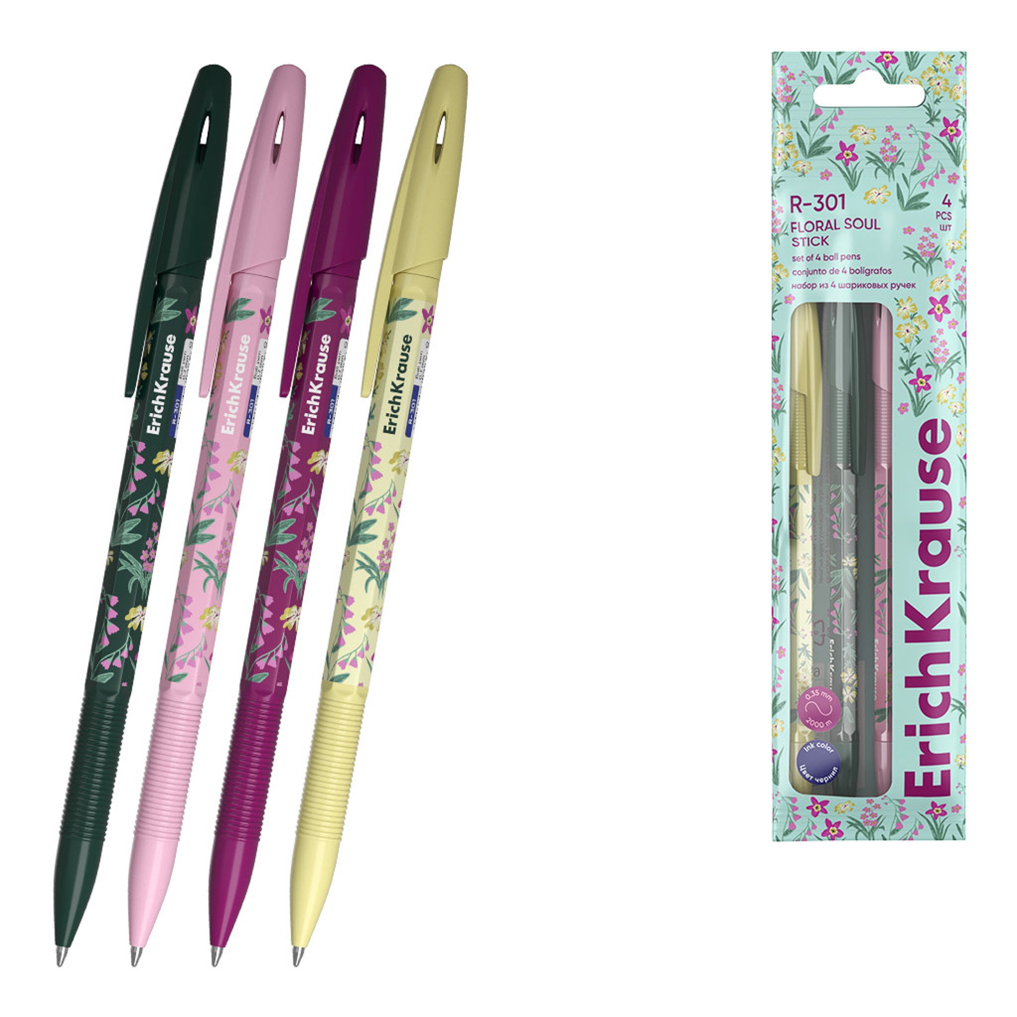 Erich Krause Kugelschreiber, Kugelschreiber R-301 mit Blumenmuster 0,7mm 4er Set Blau