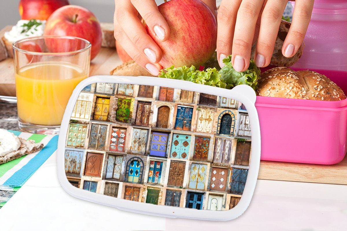 Türen rosa Lunchbox für - (2-tlg), Mädchen, - Snackbox, Erwachsene, Brotbox MuchoWow - Kunststoff, Kinder, Collage, Vintage Architektur Kunststoff Brotdose
