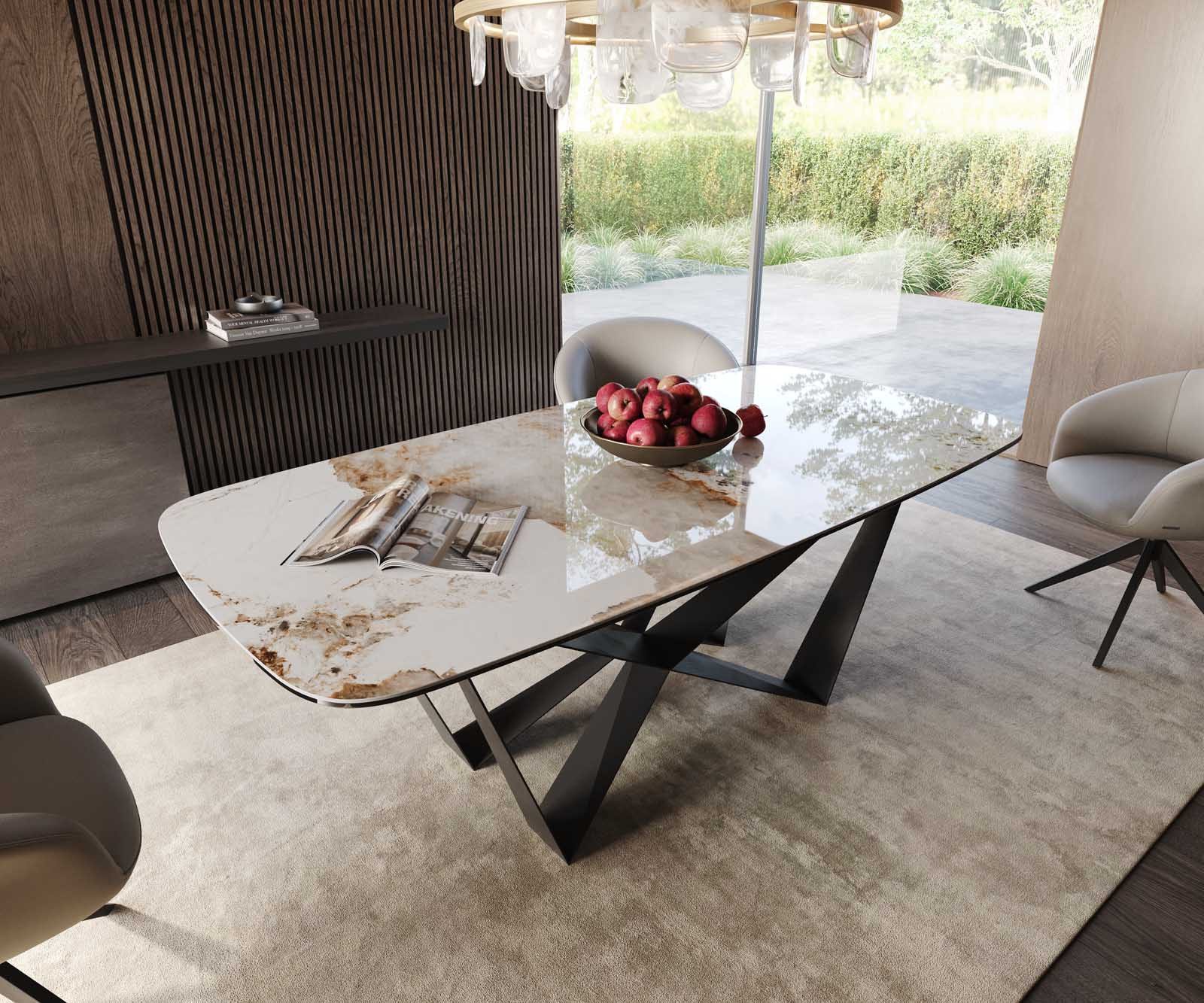 DELIFE Esstisch Edge, Boot Keramik Minas Melange Weiß-Beige 200x100 Spider Flachstahl Schwar