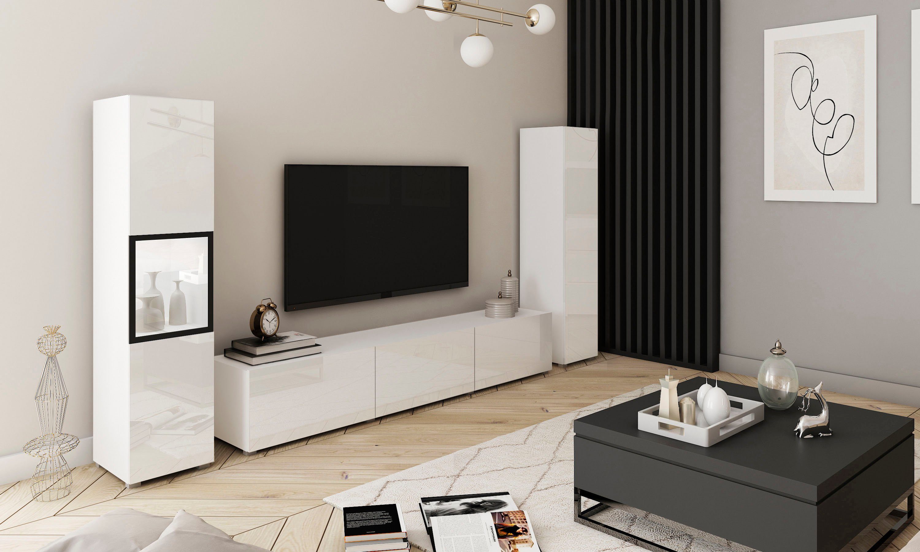 Home affaire Wohnwand BERLIN III, Vitrine Türschlag links/rechts wechselbar, (Komplett-Set, 3-St), moderne grifflose Mediawand Breite 260 cm, Vitrine mit Verglasung