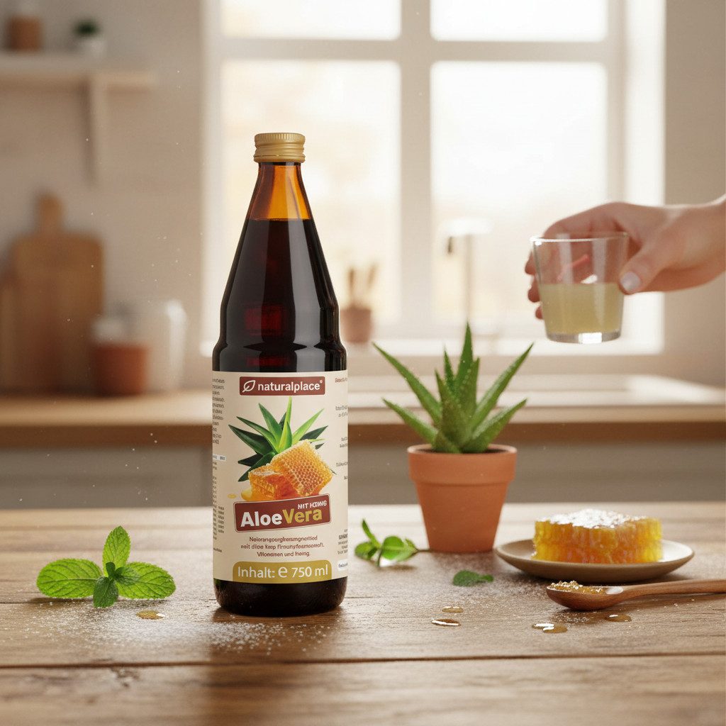 naturalplace® Aloe Vera Frischpflanzensaft mit Honig + Biotin, Vitamin C, B-Vitamine Natürlicher Saft, 750 ml, 90% Aloe Vera aus kontrolliertem Anbau und 9% Honig