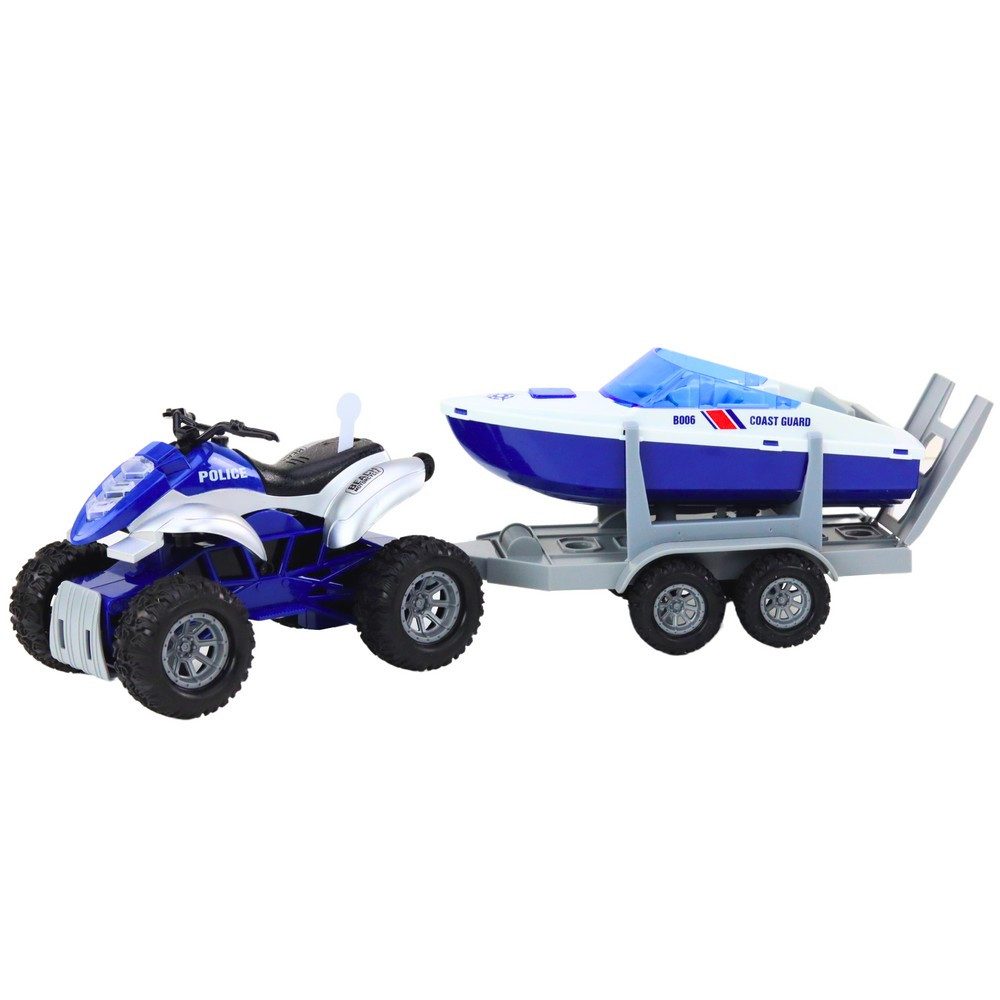 LEAN TOYS Spielzeug-Quad Polizeiquad Bootsanhänger Motorboot, (Spar-Set, 1-tlg., 17 x 11 x 11 cm robust), Licht & Sound, abnehmbarer Anhänger, Motorboot