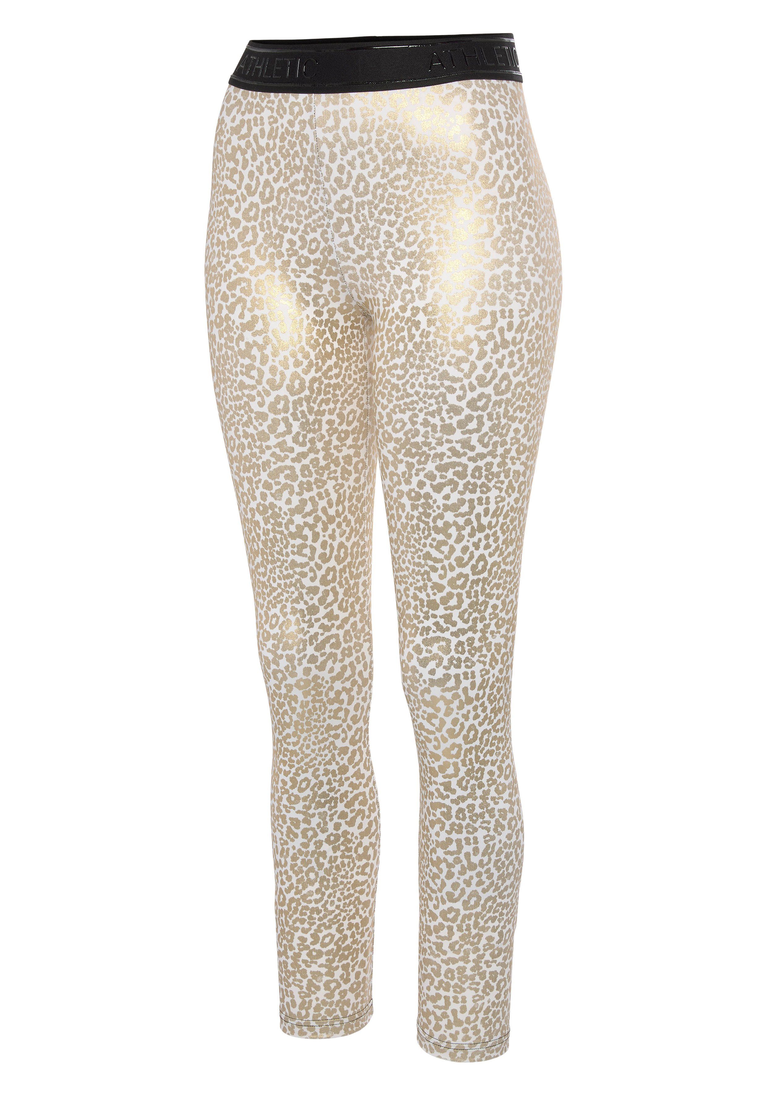 LASCANA ACTIVE Funktionsleggings Sportleggings mit glänzendem Leomuster und 3D-Schriftzug auf dem Bund