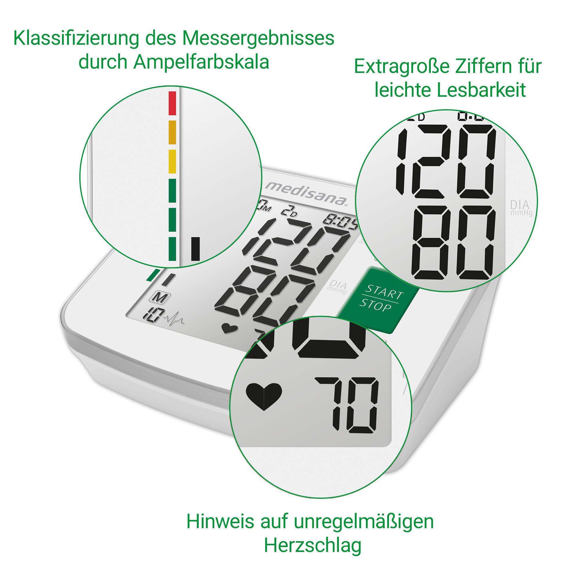 medisana Oberarm-Blutdruckmessgerät BU 512, unregelmäßige Herzschlaganzeige, Je 90 Speicherplätze, große Ziffern