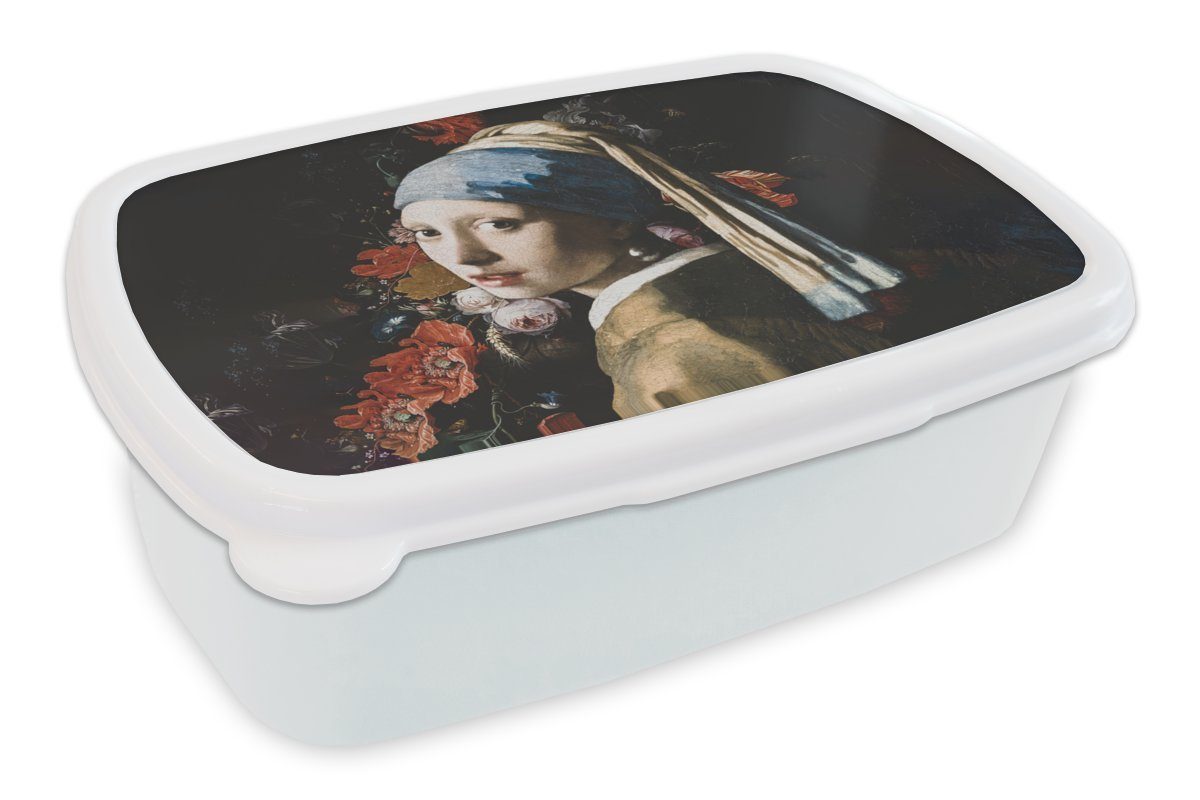 MuchoWow Lunchbox Das Mädchen mit dem Perlenohrring - Vermeer - Blumen, Kunststoff, (2-tlg), Brotbox für Kinder und Erwachsene, Brotdose, für Jungs und Mädchen weiß