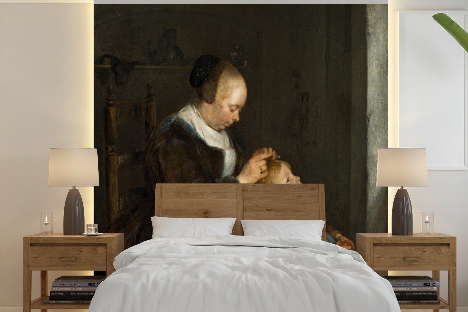 MuchoWow Fototapete Die Läusejagd - Gemälde von Gerard ter Borch, Matt, bedruckt, (4 St), Vliestapete für Wohnzimmer Schlafzimmer Küche, Fototapete