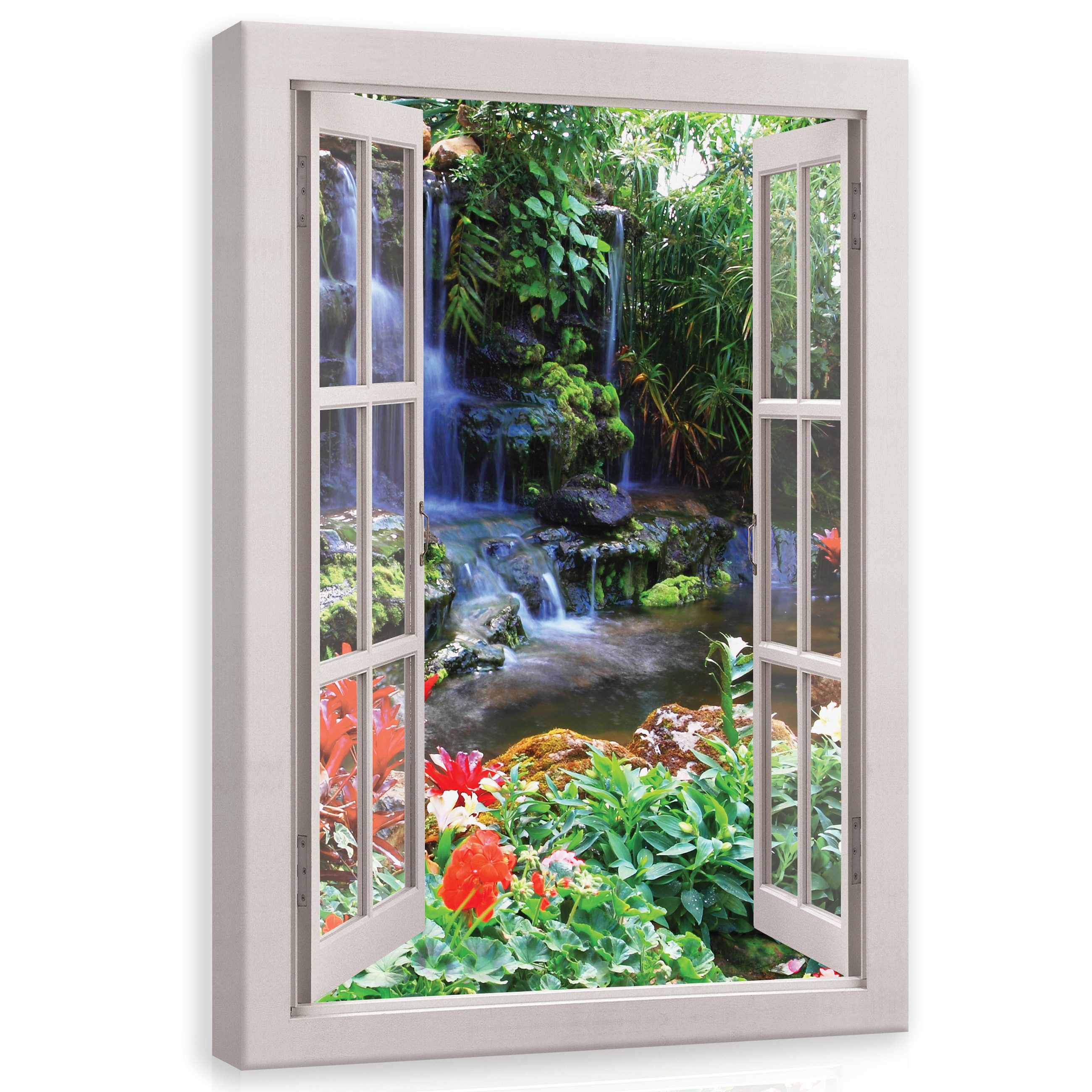 Leinwandbild Fenster 3D Effekt Wasserfall Modern Wandbilder Wand Deko XXL Bilder