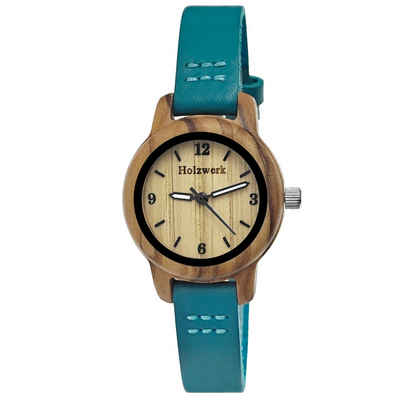 Holzwerk Quarzuhr CLARA BLUE kleine Damen Holz & Leder Armband Uhr, türkis blau, beige