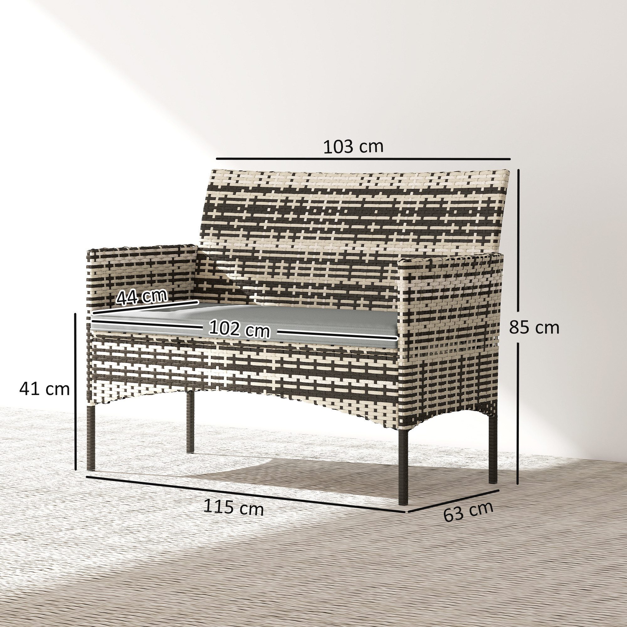 Outsunny Gartensofa 2-Sitzer Rattansofa, 1 Teile, Wetterfest, abnehmbarer Bezug, rutschfest