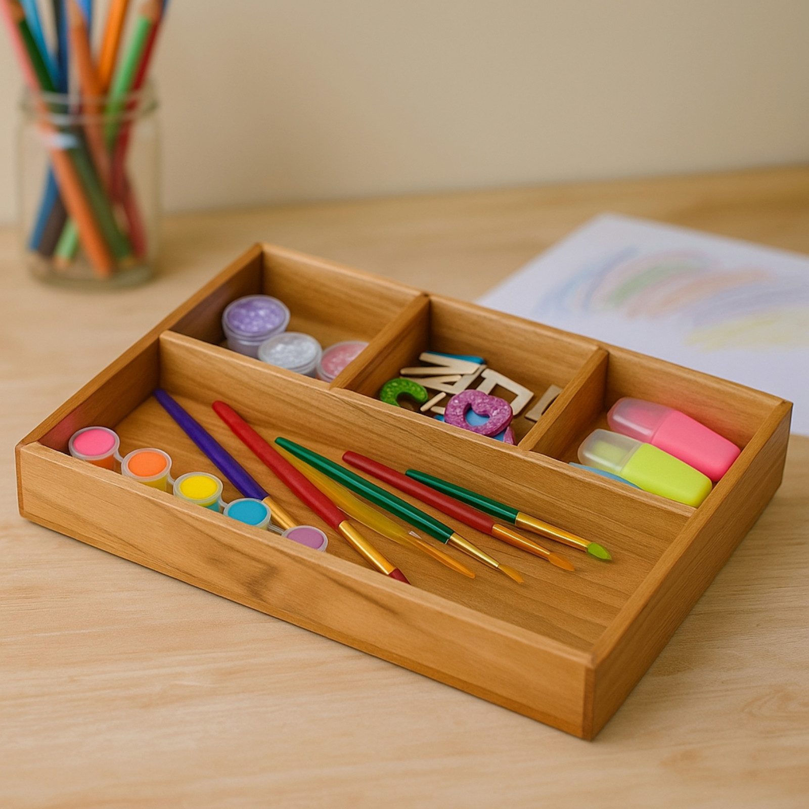 Koopman Organizer Akazienholz Aufbewahrung 30x20cm (1 St), 4 Fächer, Kleine Fächer 9x9cm, Großes Fach 28,5x8,5cm, Natur