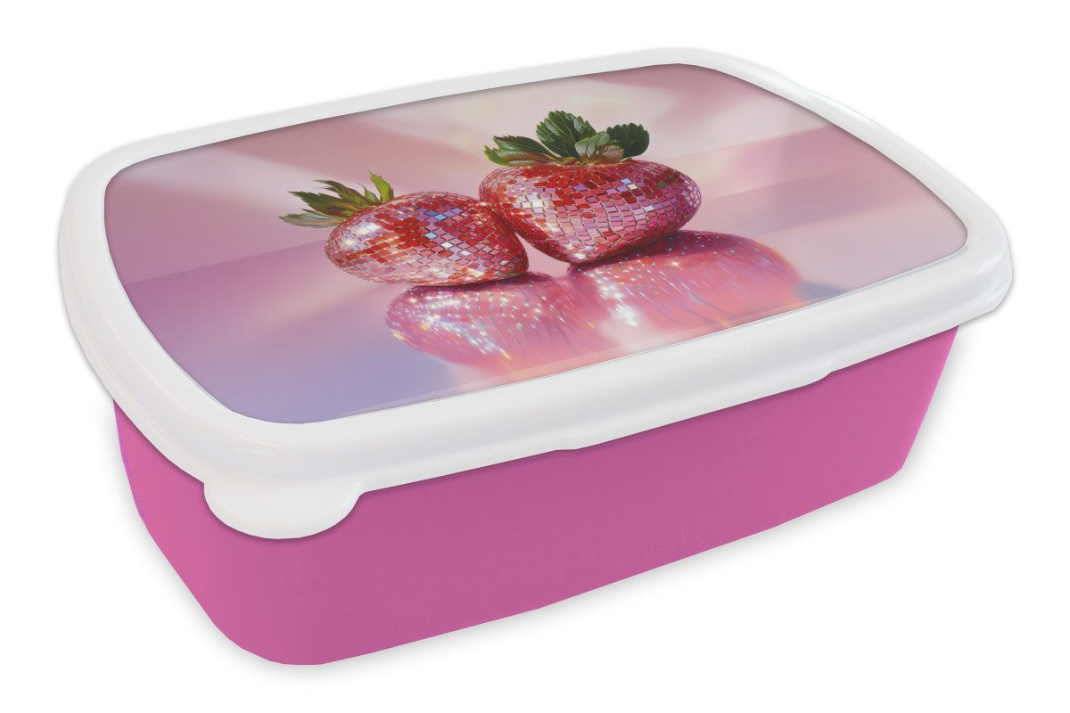 MuchoWow Lunchbox Disco - Obst - Glitzer - Erdbeere, Kunststoff, (2-tlg), Brotdosen, Lunch Box, Brotbox für Kinder und Erwachsene