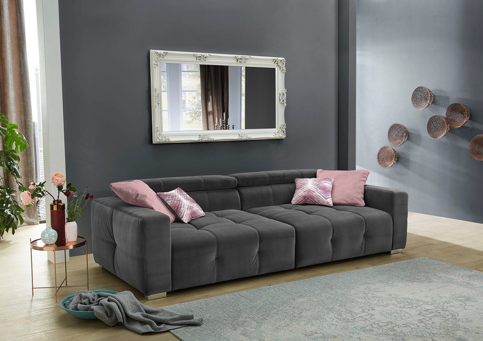Jockenhöfer Gruppe Big-Sofa verstellbare mit Trento, mehrfach Kopfstützen Sitzkomfort Wellenfederung, grau und