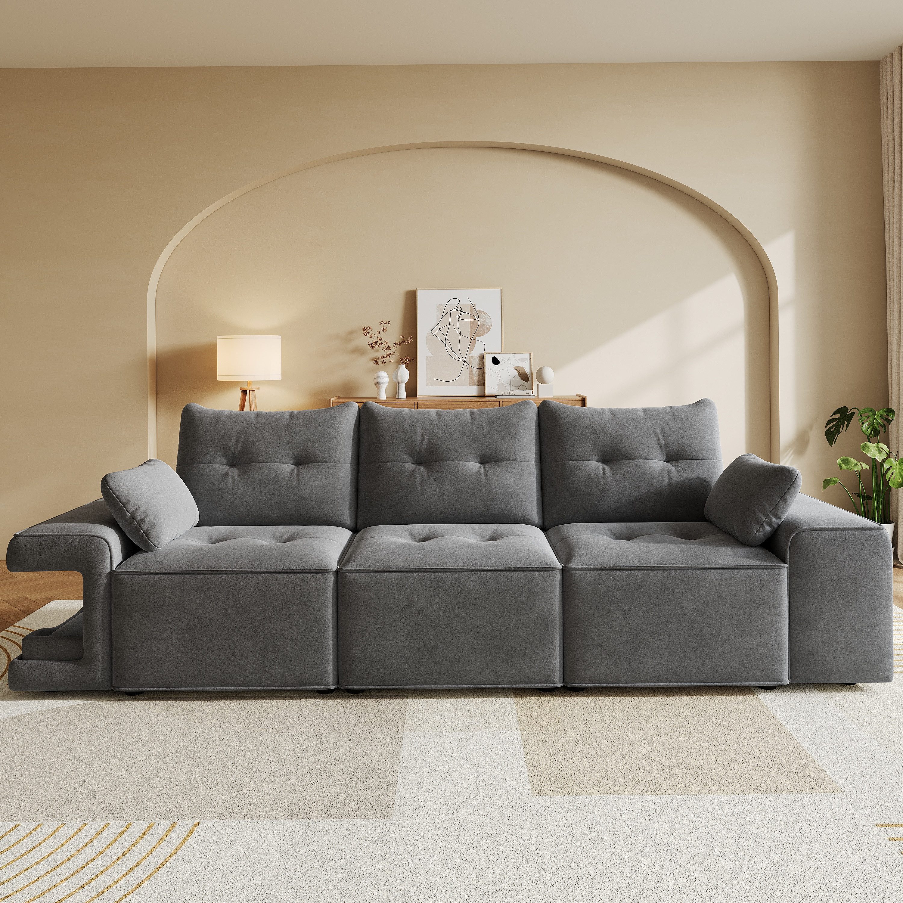Flieks 3-Sitzer modulares Schlafsofa mit Stauraum & gepolstertem Haustierbereich, 229,5x78x84 cm, Cloud-Sofa Couch inkl. 2 Zierkissen Big-Sofa Samtstoff Beige – Bild 4 von 5