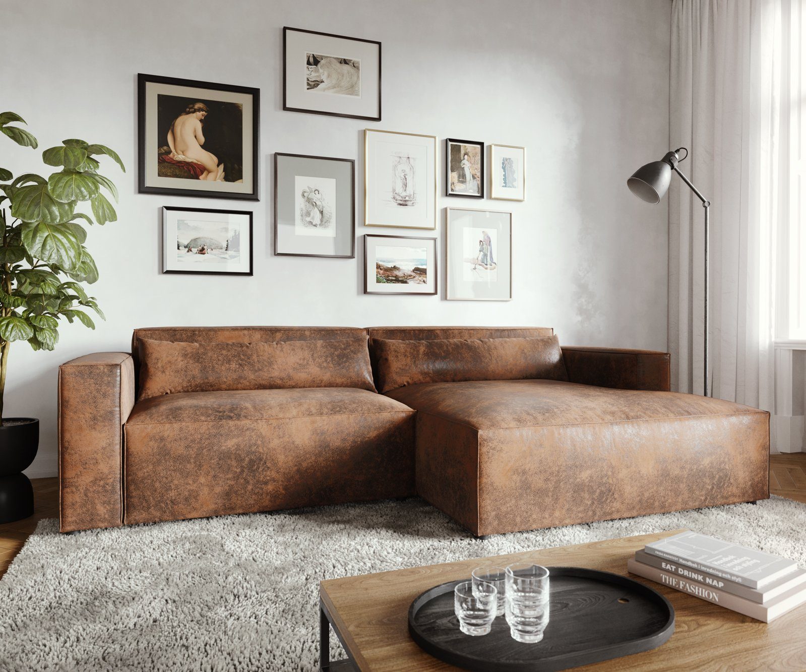 DELIFE Ecksofa Brom, Lederimitat Braun 270x150 günstig online kaufen