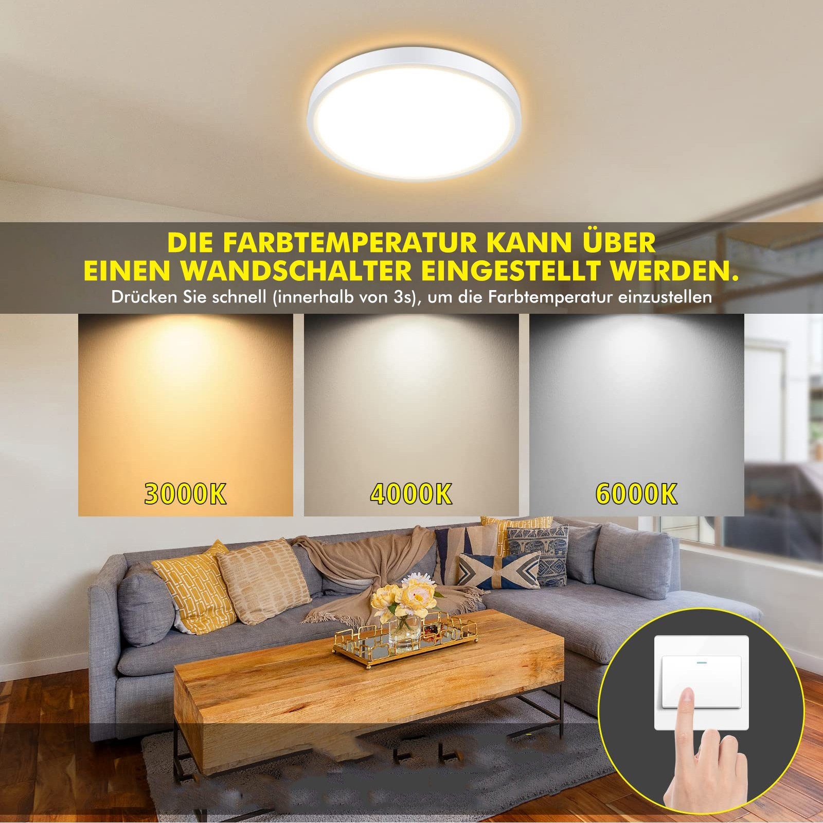 Rosnek LED Deckenleuchte Ultra Dünn, für Unterputzmontage Schlafzimmer 3000K/4500K/6500K, 3000K/4000K/6500K, 30/40W, Küche
