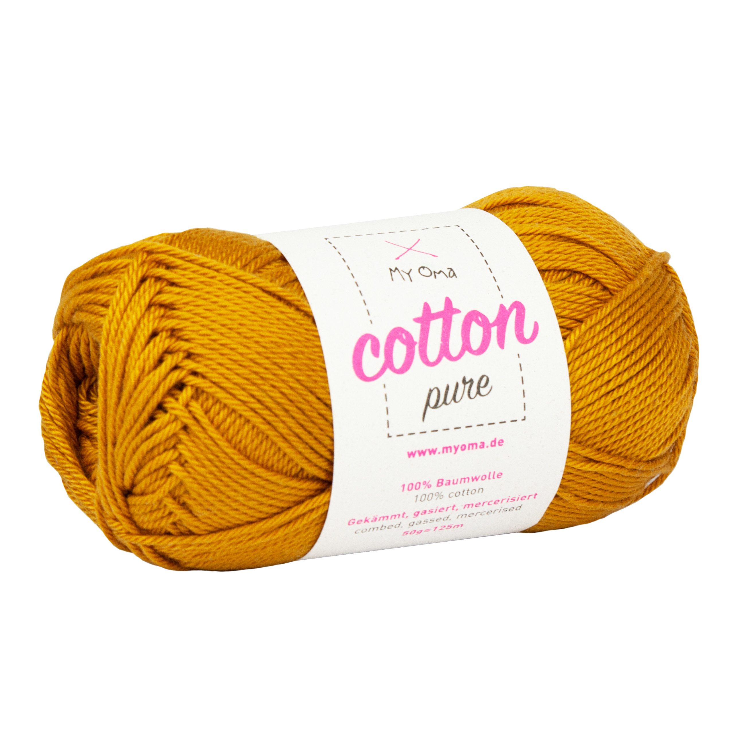 MyOma Baumwolle Cotton pure - Strick- und Häkelwolle, 125,00 m (50g, 1-St., zum Stricken und Häkeln, Wolle zum Handarbeiten, reine Baumwolle), in 32 Цвета, 50g, Lauflänge 125m; Nadelstärke: 2,2-3,5mm; 4-fädig