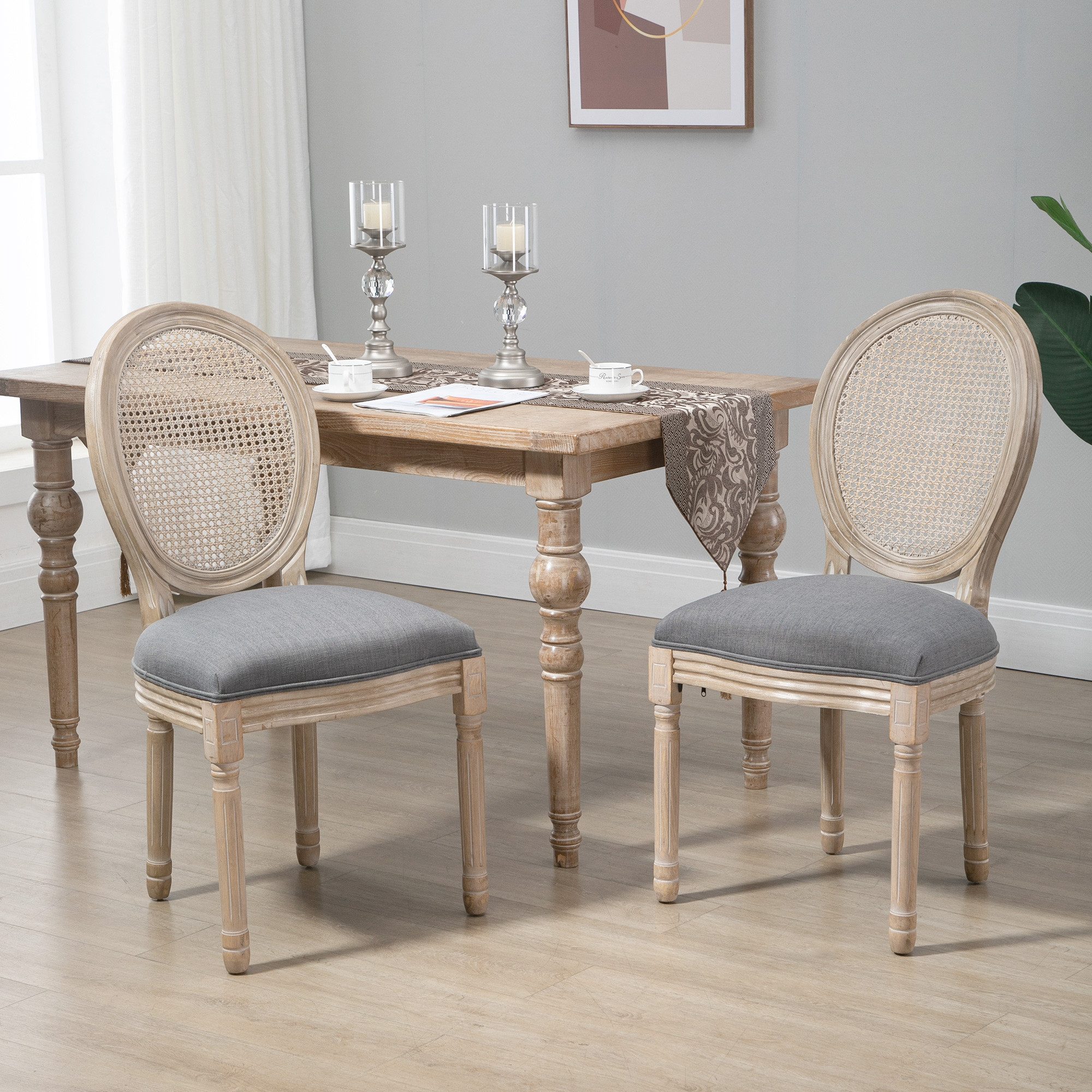 HOMCOM Esszimmerstuhl Küchenstuhl mit Rattan-Rückenlehne, Leinenoptik günstig online kaufen
