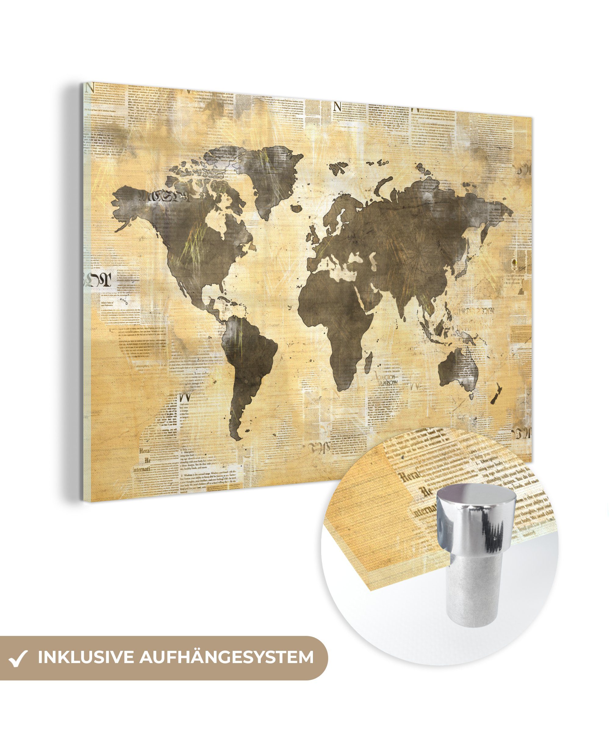 Weltkarte auf (1 - St), Acrylglasbild Glas Wanddekoration Bilder auf Glas Zeitung - Glasbilder MuchoWow - - Foto Gold, Wandbild -